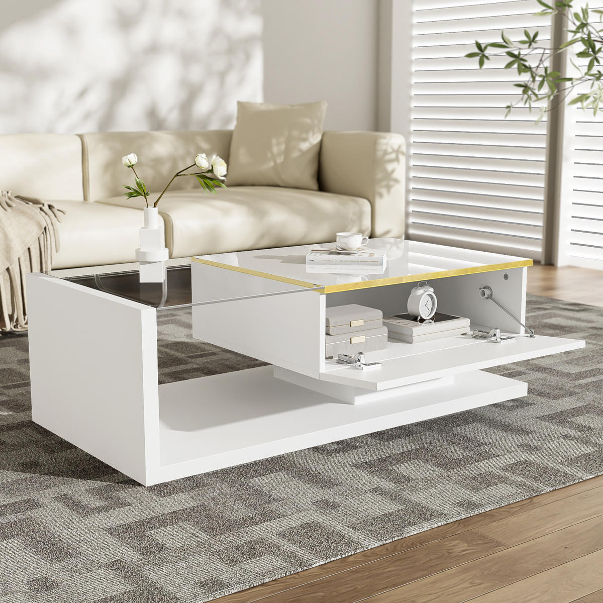 COUCHTISCH Weiß mit verstellbarer LED und Glasplatte - Weiß, Metall (100/50/32cm)