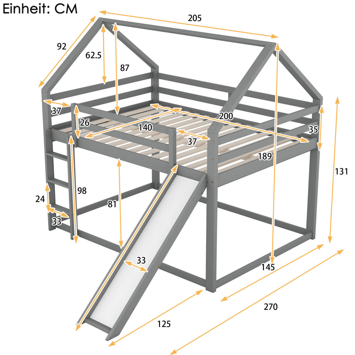 ETAGENBETT 140/200 cm in Grau mit Rutsche und Leiter - Grau, Holz (140/200cm) - OKMYHOME
