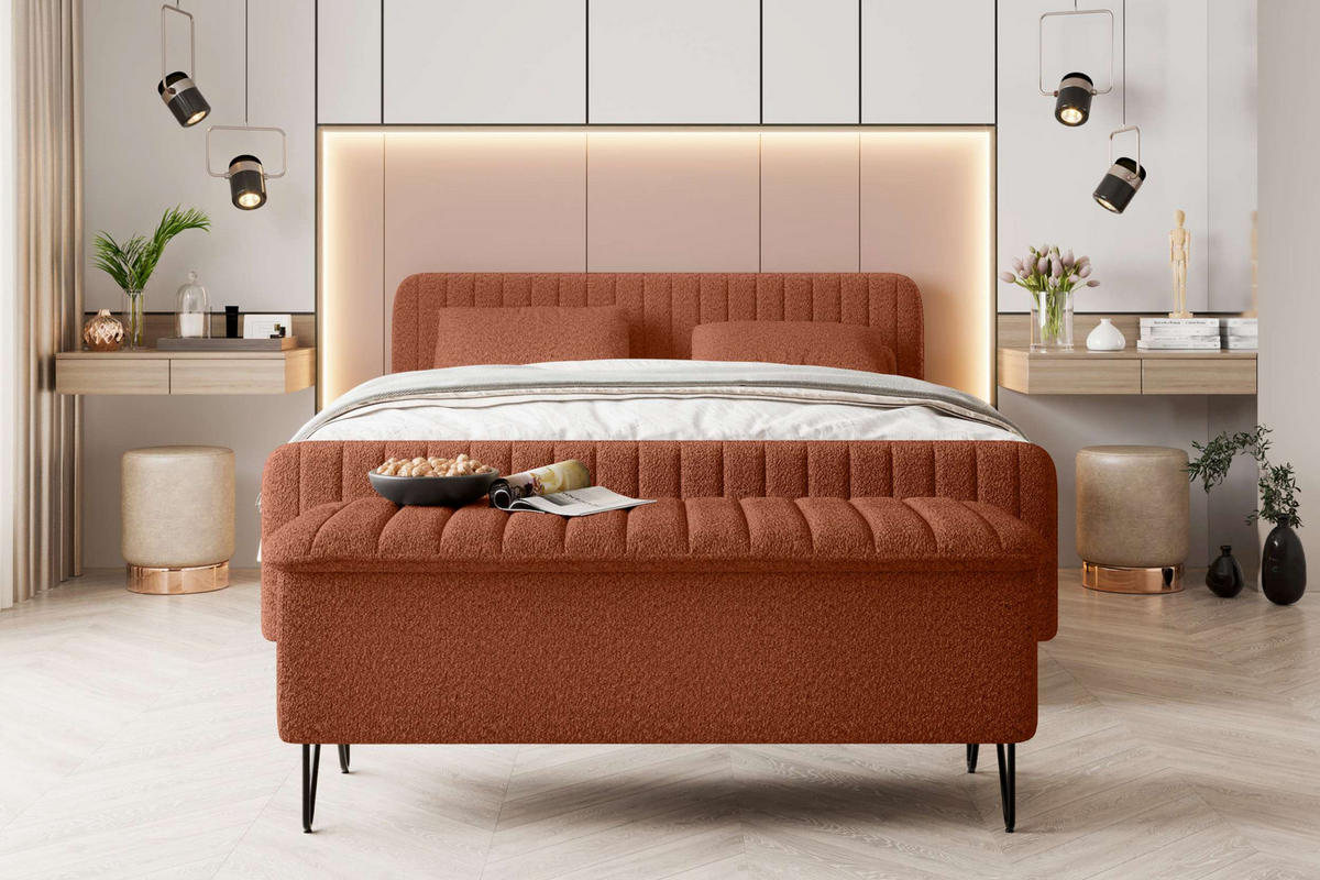 BOXSPRINGBETT LUCIO mit Hocker Bouclé-Stoff Terracotta 180/200 cm - Terracotta/Schwarz, Textil/Metall (180/200cm) - 99rooms