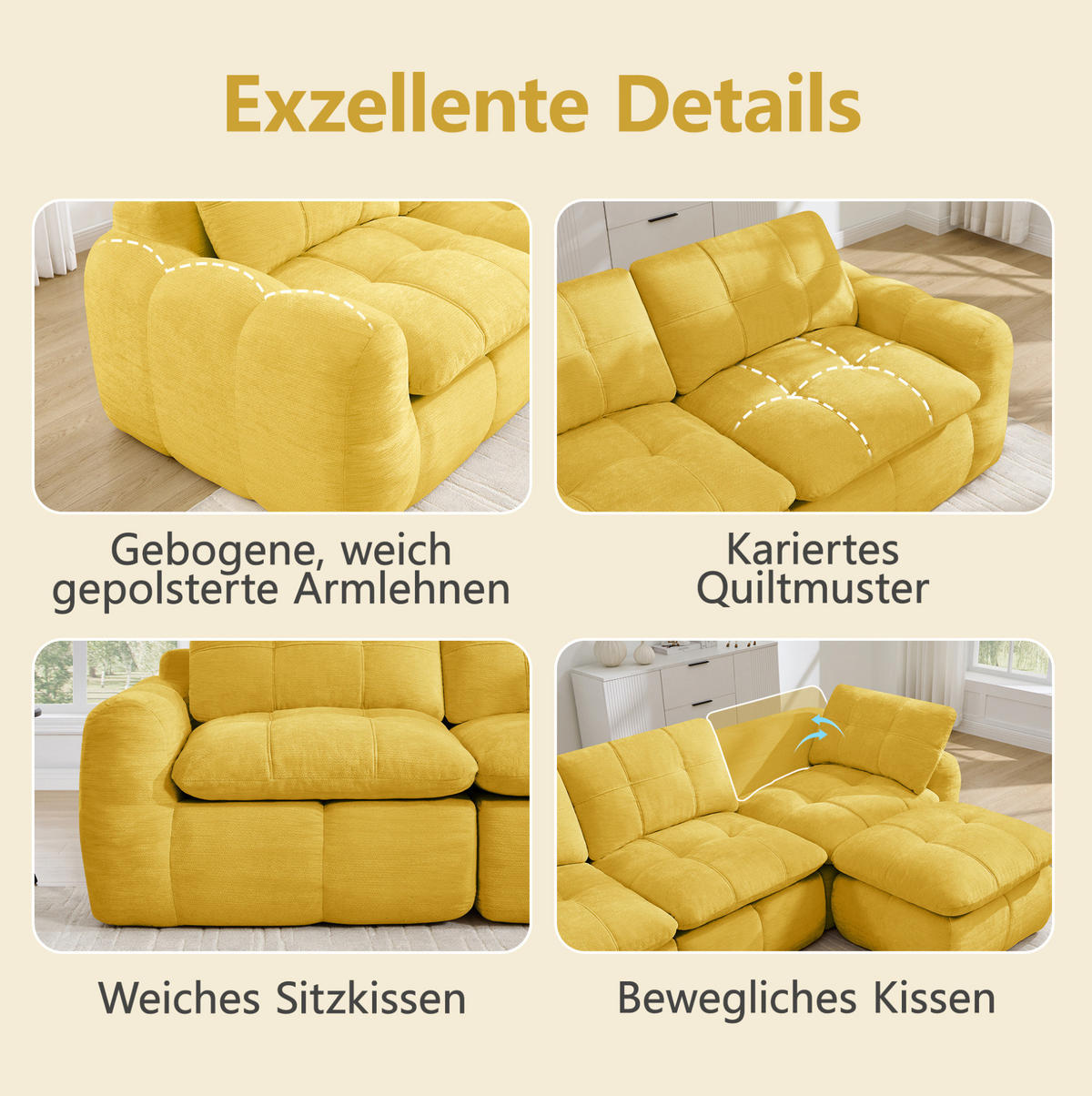 SOFA 264/160/68 cm in Gelb aus Chenille mit Ottomane, rahmenlos und flexibel - Gelb, Textil (160/68/264cm) - Flora Grace