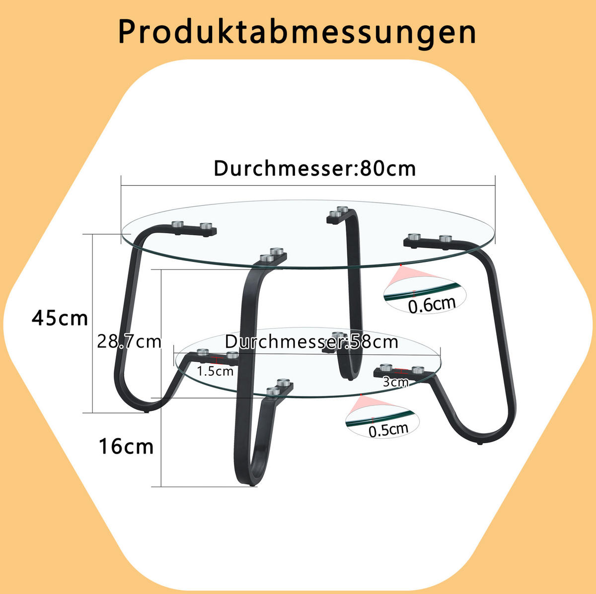 COUCHTISCH rund 2 Ebenen Metall Sicherheitsglas Schwarz - Schwarz, Metall (80/80/45cm) - Meubliv