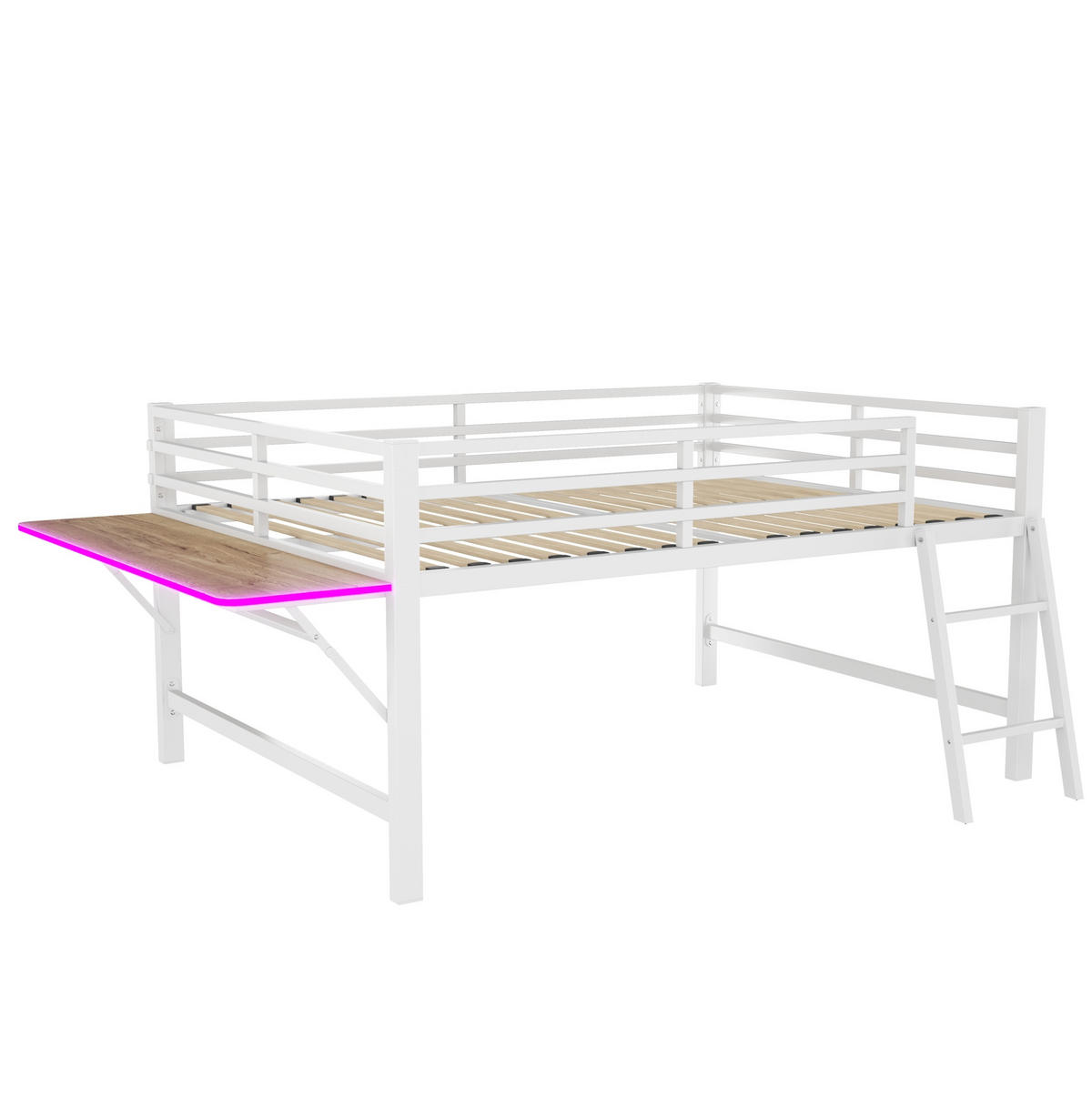 VYSOKÁ posteľ 140/200 cm biela z kovu s bočnicami rebríkom skladacím stolom a LED osvetlením - biela, kov (140/200cm) - OKWISH