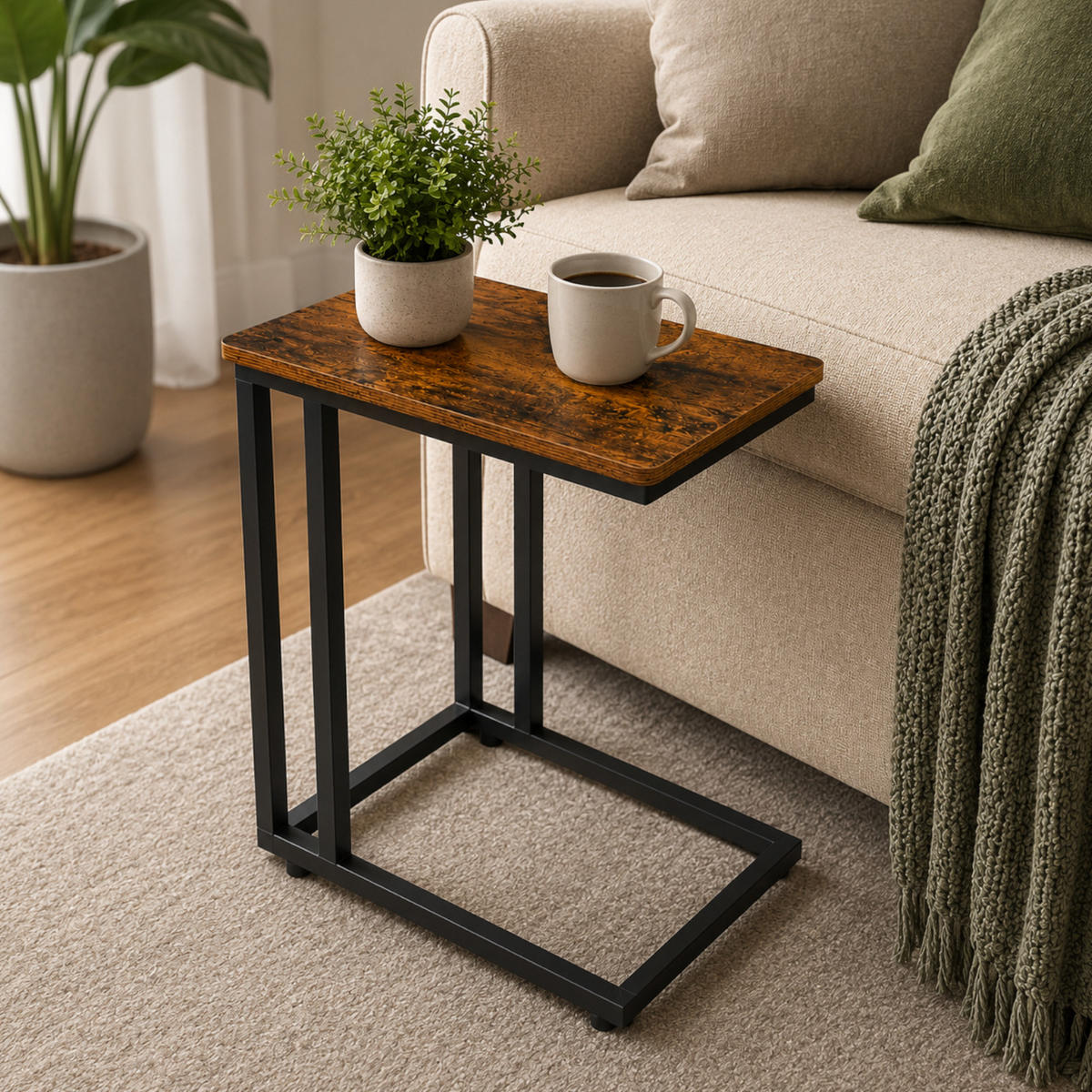 BEISTELLTISCH Metall Holzoptik Schwarz Dunkelbraun mit Rollen oder Standfüßen – 50x35x54 cm - Schwarz/Braun, Holzwerkstoff/Metall (50/35/54cm) - Begryf