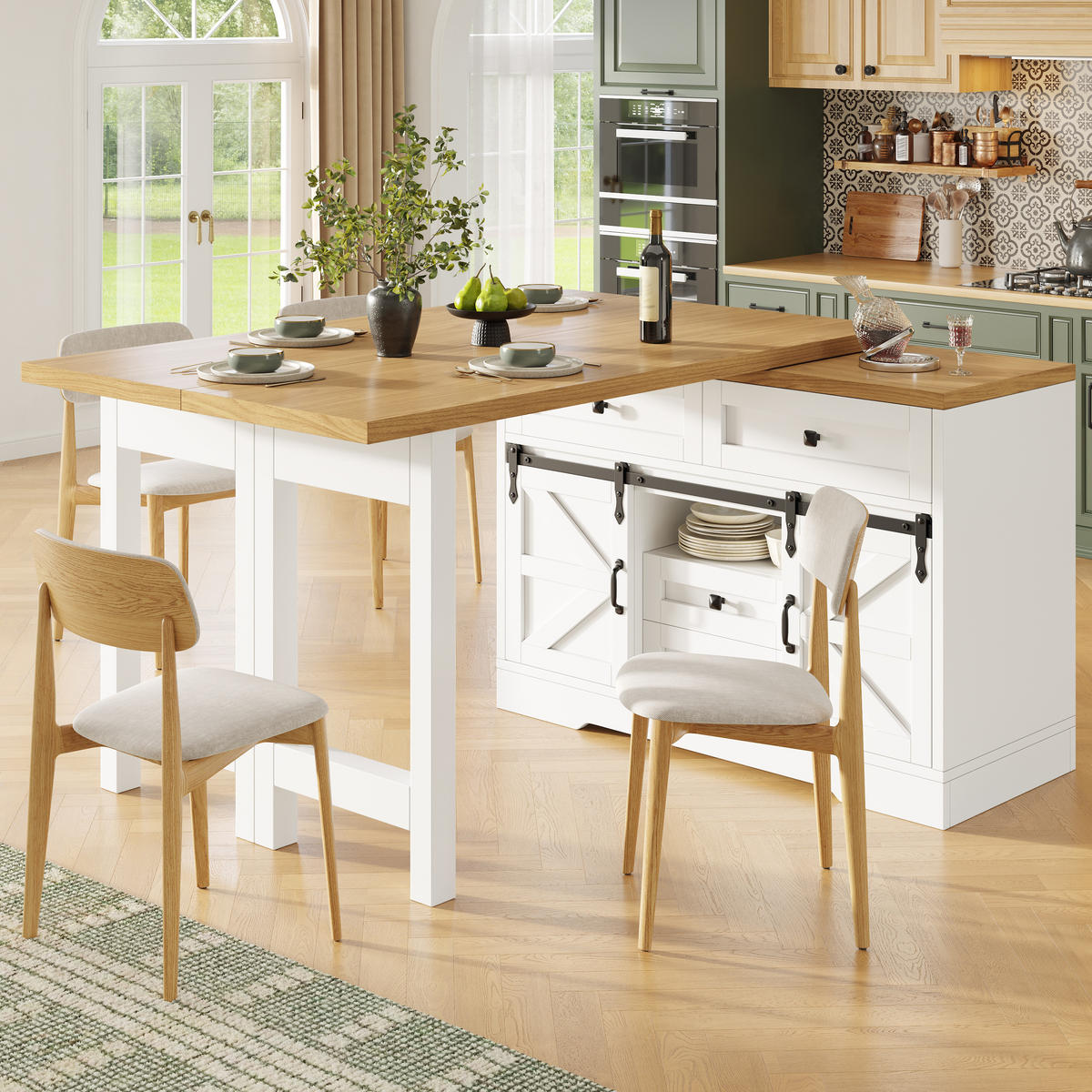 KÜCHENINSEL-ESSTISCH Weiß 120–197×40×72 cm mit 360° Drehtisch und Scheunentor-Schiebetür aus Holzwerkstoff - Weiß, Holzwerkstoff (120/72/40cm) - Luhomfu