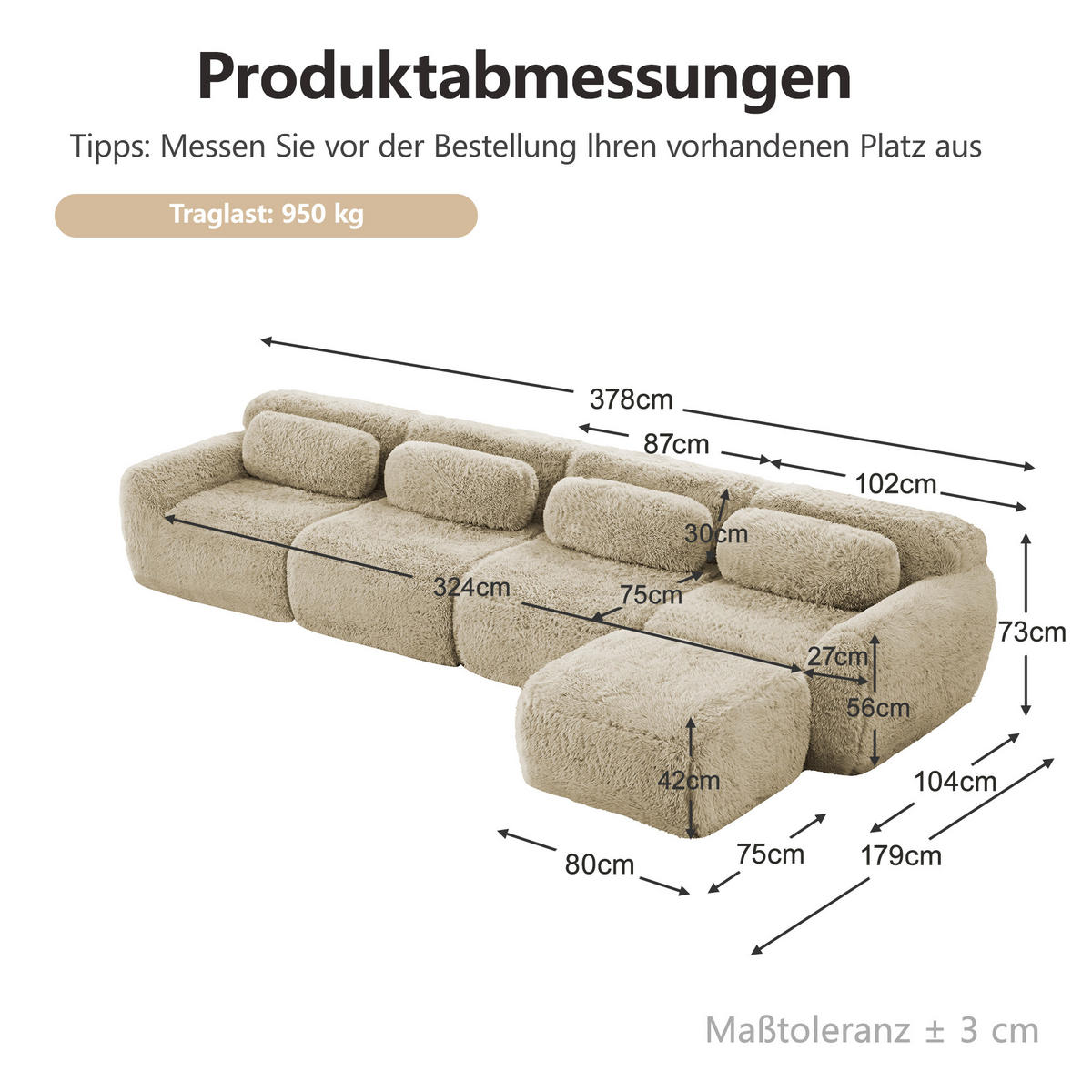 ECKSOFA 378/179/73 cm Hellkhaki Plüsch mit 1 Fußhocker und 2 kleinen Dekokissen - Kaschmir/Graubraun, Textil (378/179cm) - Oxeza