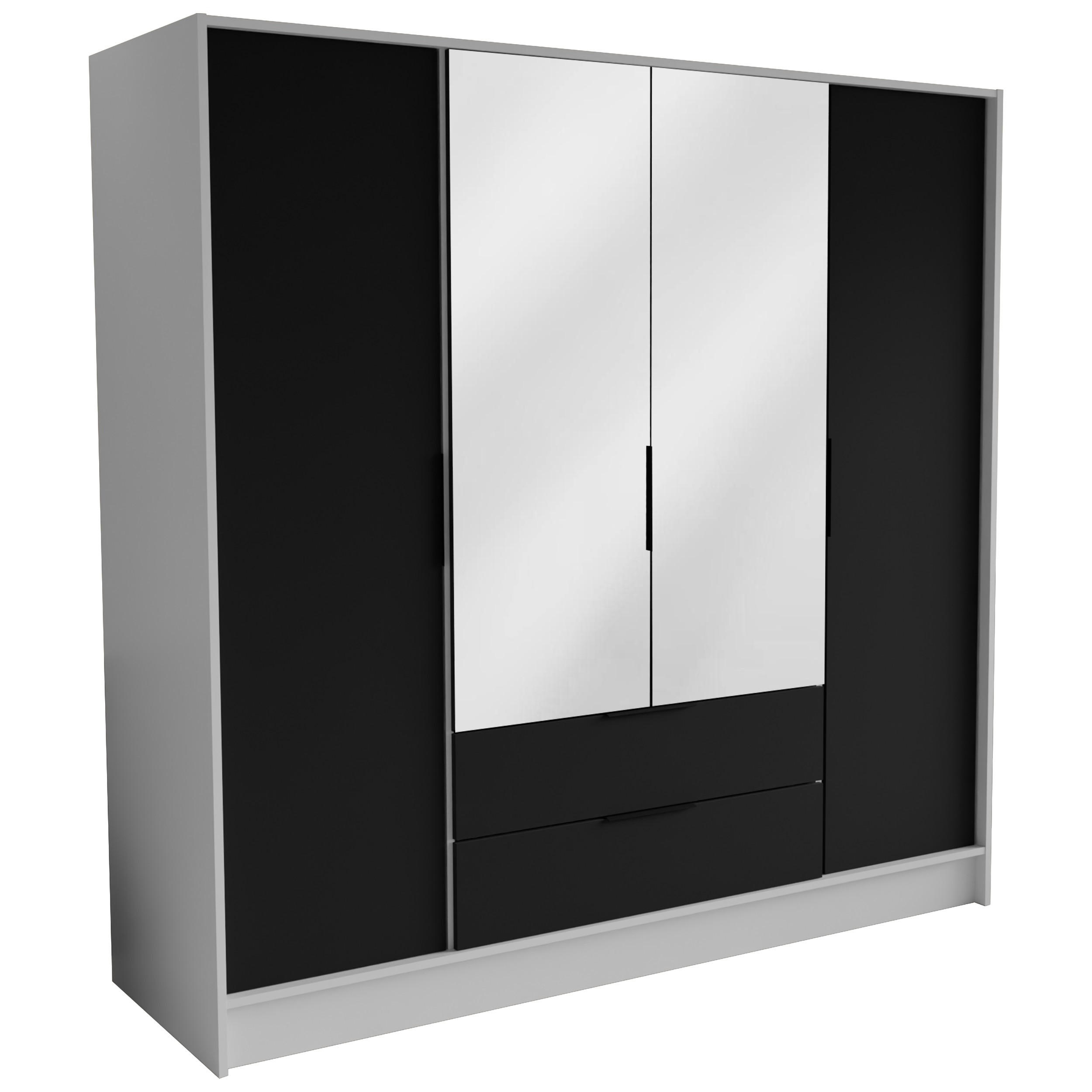 DREHTÜRENSCHRANK CAVA 200/200/51 cm Modern Kleiderschrank 4-türig mit Spiegel Weiß - Schwarz/Weiß, Holzwerkstoff (200/200/51cm) - MASSENO