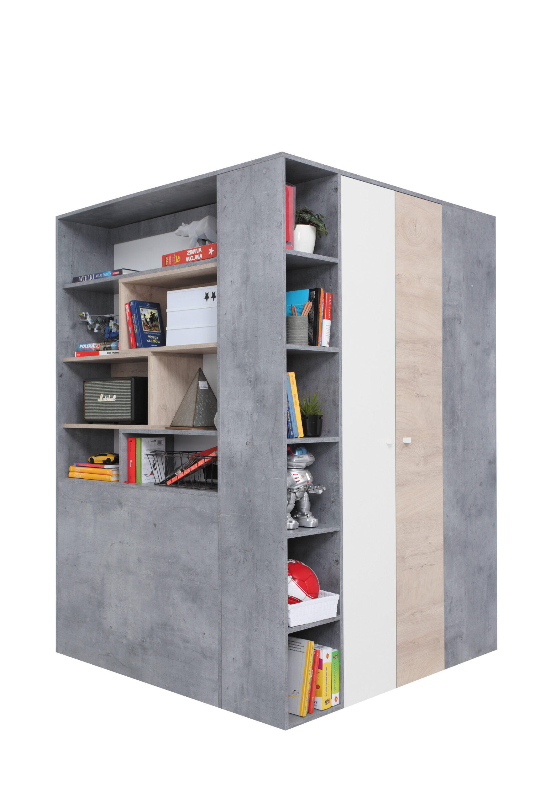 KLEIDERSCHRANK Sally in Beton, Weiß und Eiche – Begehbarer Eckkleiderschrank - Grau, Holzwerkstoff (80/200/120cm)