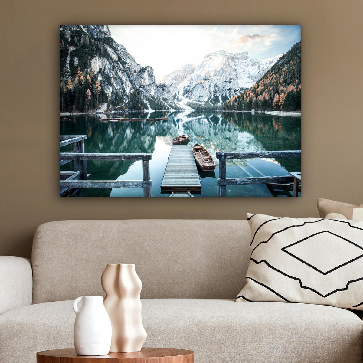 LEINWANDBILD Natur - Berge - Schnee - Wald - Boot Wandbilder 80x60 cm - Hellgrün, Textil (80/60cm) - MuchoWow
