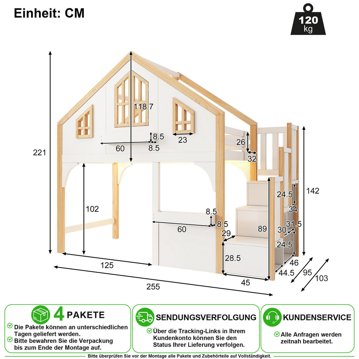 HOCHBETT 90/200 cm in Weiß & Natur mit LED, Stauraumtreppe und Fenster-Design - Weiß, Holz/Holzwerkstoff (90/200cm) - CHICFURN