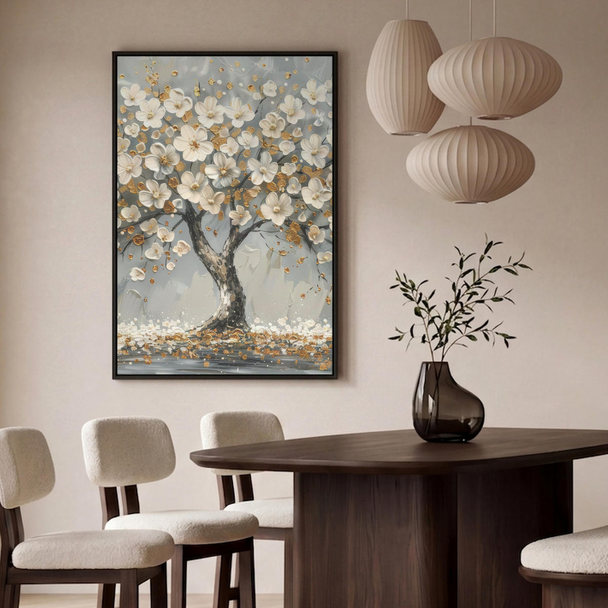 LEINWAND Bilder mit Rahmen - Baum - Blumen - Weiß - Natur - Kunst - 80x120 - Weiß, Textil (80/120cm) - MuchoWow