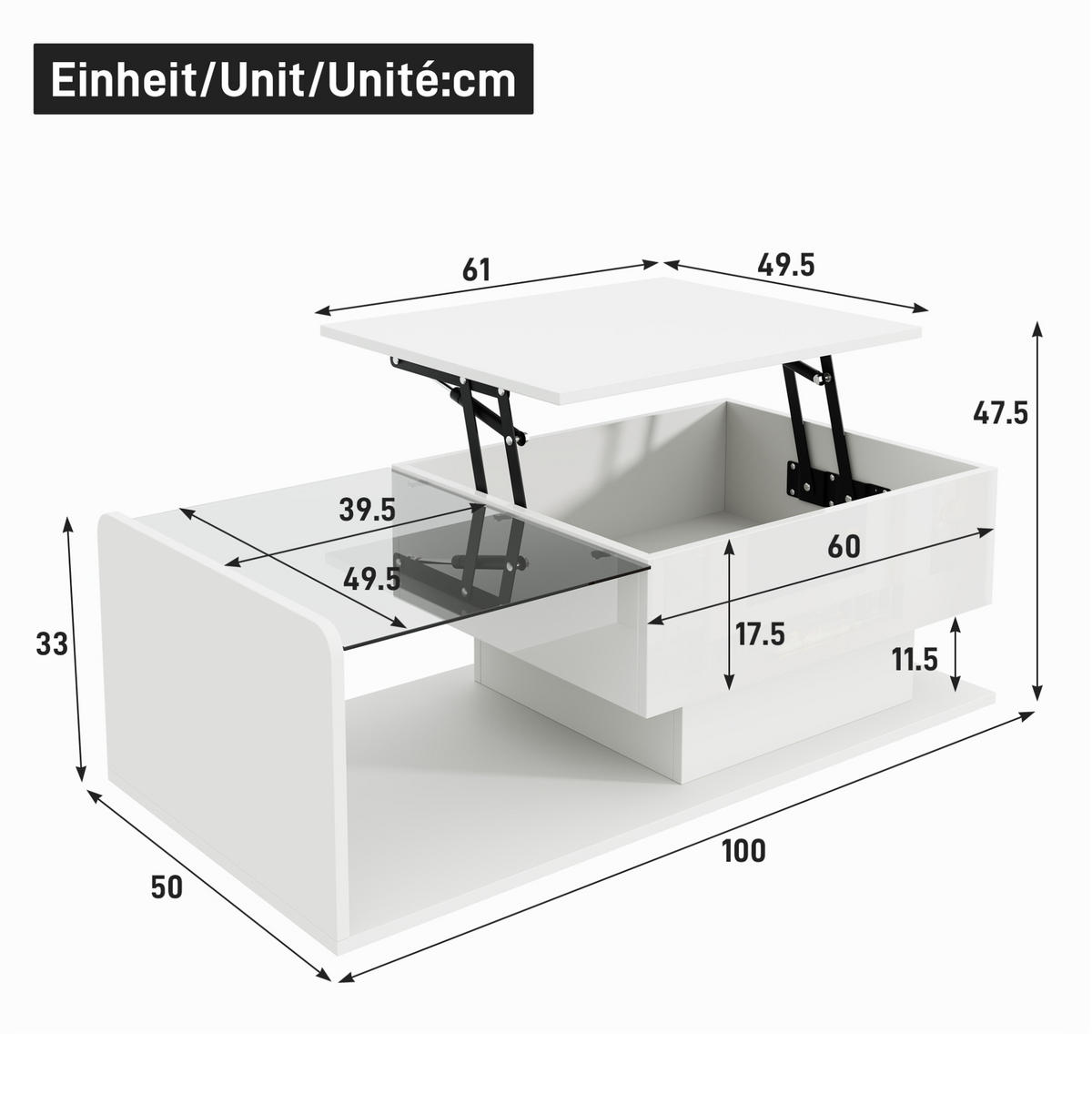 COUCHTISCH höhenverstellbar 100 x 50 cm Hochglanz White mit Glasplatte - Weiß, Holzwerkstoff (100/50/47.5cm) - Meubliv