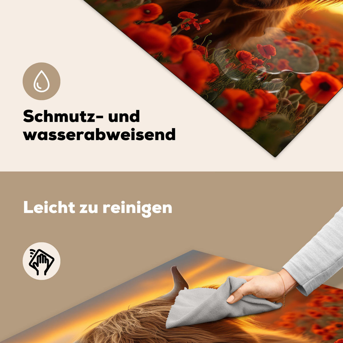 HERDABDECKPLATTE Schottische Highlander - Rosen - Blumenfeld - Sonnenuntergang Induktionsmatte 78x78 cm - Rotbraun, Kunststoff (78/78/0.2cm) - MuchoWow
