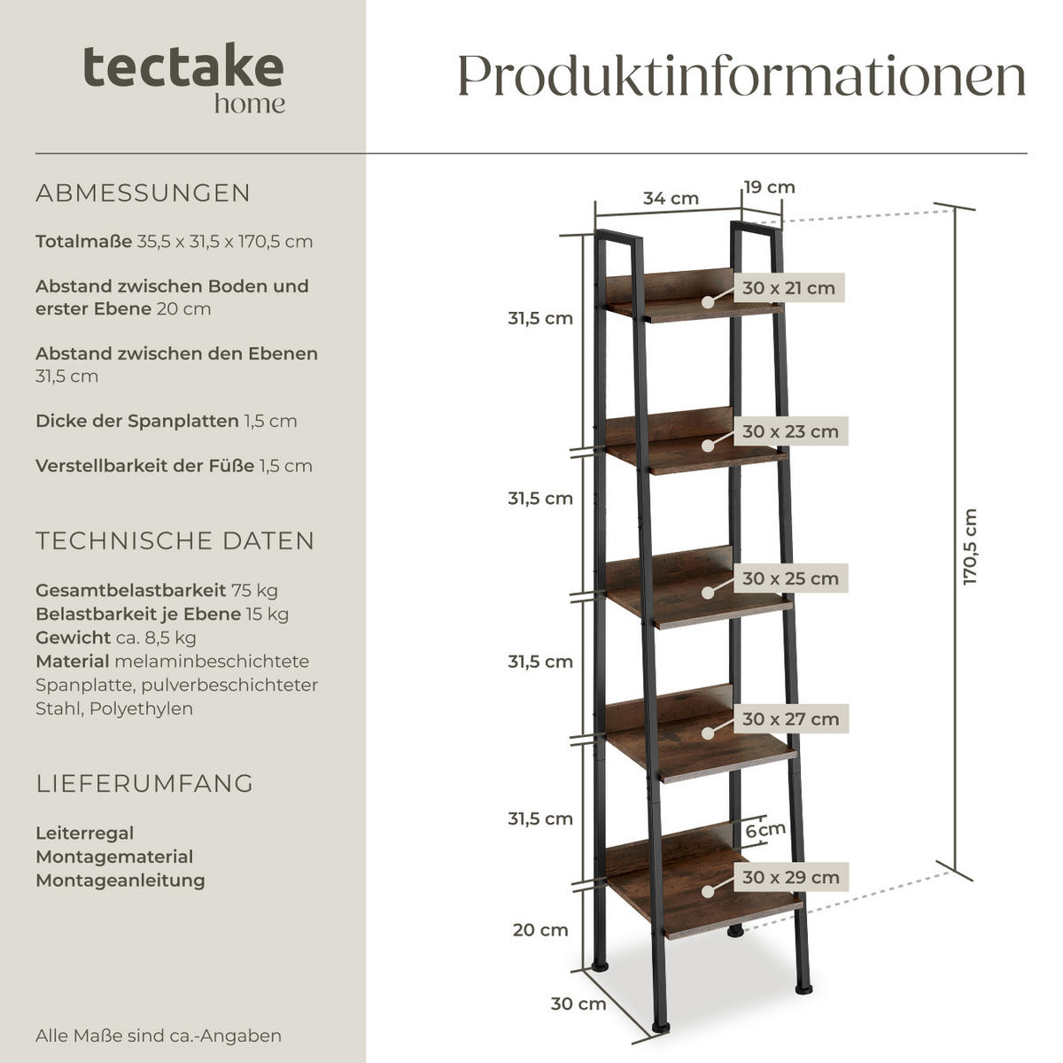 LEITERREGAL Folkestone,inklusive Kippschutz, 35,5 x 31,5 x 170,5 cm,Industrial Holz dunkel, rustikal - Rostfarben, Holzwerkstoff (31.5/170.5/35.5cm) - tectake