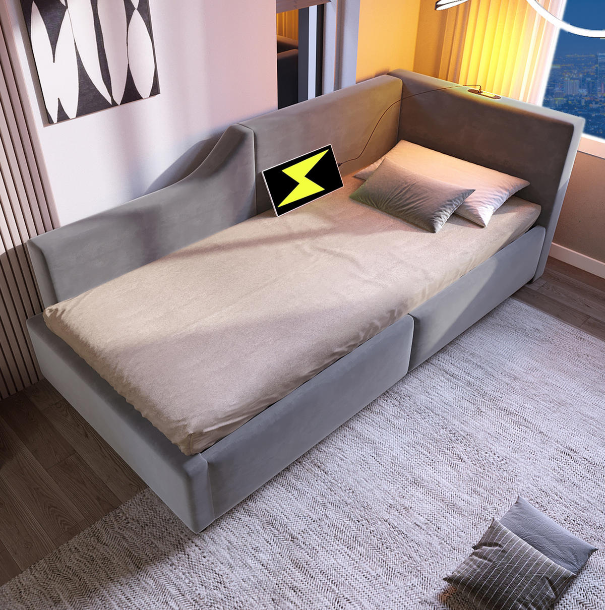 POLSTERBETT Einzelbett 90/200 cm aus Samt mit Stauraum, Leselampe und USB-C Grau - Grau, Textil (90/200cm) - Modenvie