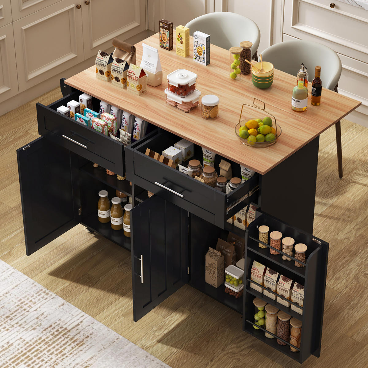 SERVIERWAGEN mit klappbarer Platte 129x71x91,5 cm MDF Black/Natural - Schwarz, Holz (46/91.5/120cm) - Beauniv