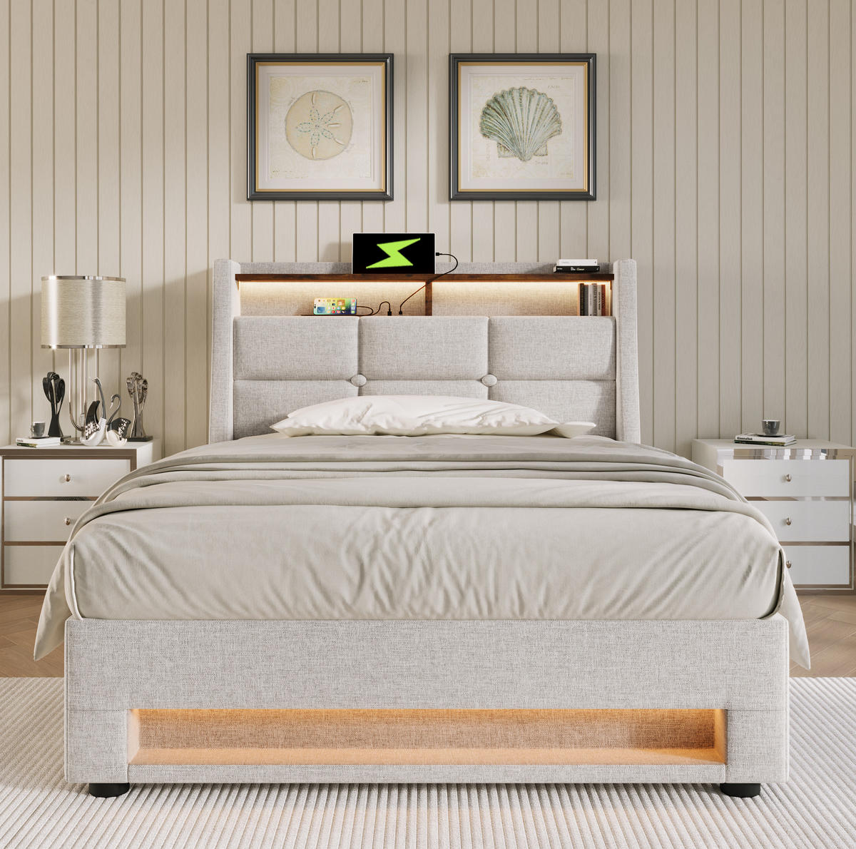 BETT mit USB und LED 90x200 cm Beige inkl. Matratze - Beige, Metall (90/200cm) - Meubliv