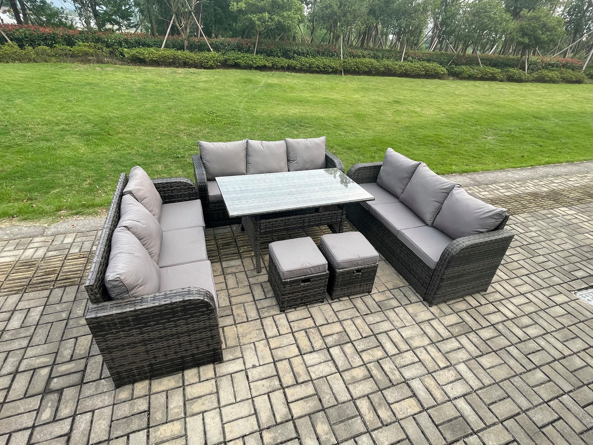 GARTENTISCHGRUPPE mit 2 Hocker Polyrattan Dunkelgrau 11-Sitzer - Dunkelgrau/Grau, Glas/Kunststoff - Fimous