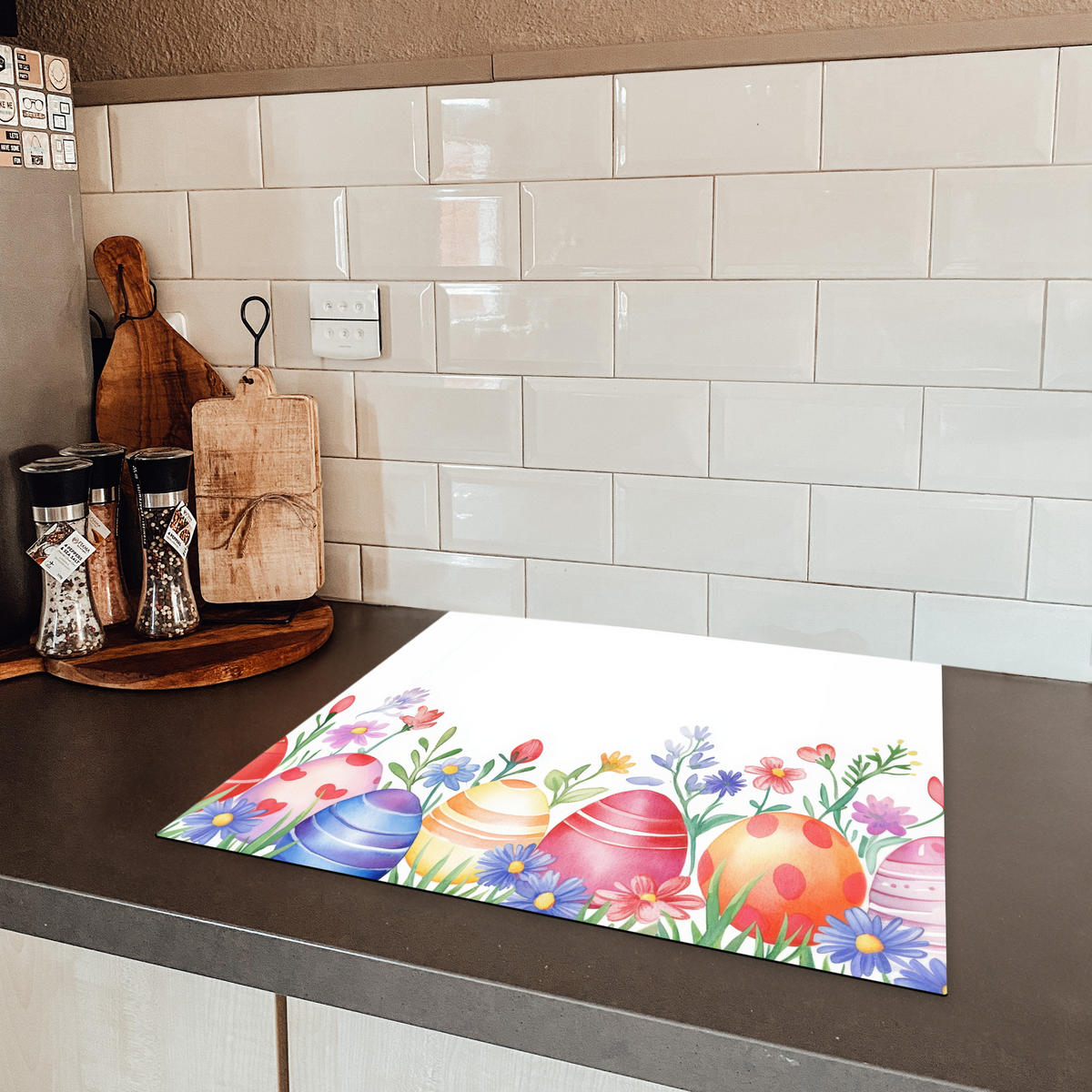 HERDABDECKPLATTE Blumengarten - Bunt - Eier Herdabdeckung Induktionsfeld 60x52 cm - Weiß, Kunststoff (60/52/0.2cm) - MuchoWow