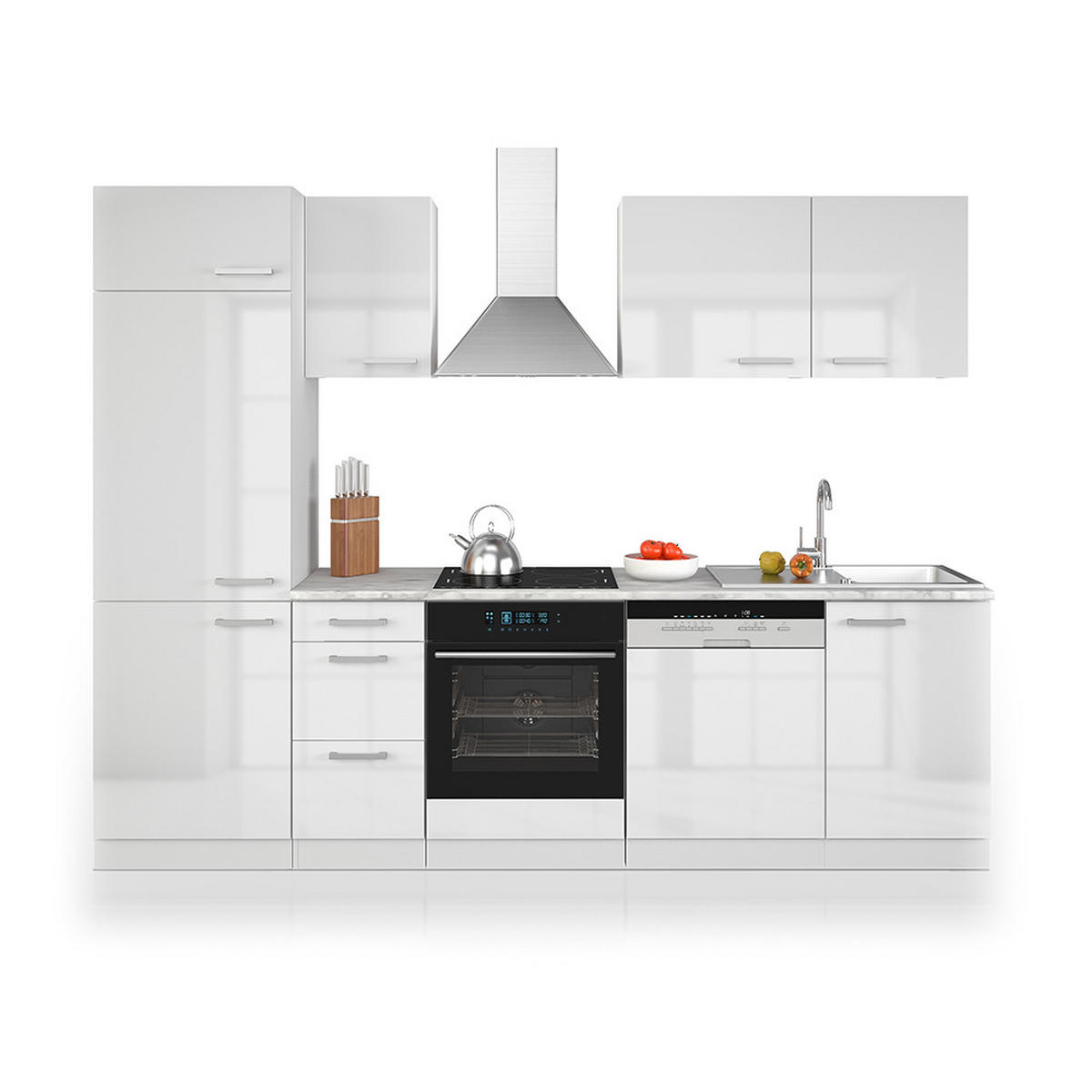 KÜCHENZEILE Optima Weiß 270 cm ohne AP mit LED-Leisten - Weiß Hochglanz/Weiß, Holzwerkstoff (270/81.6/46cm) - Vicco