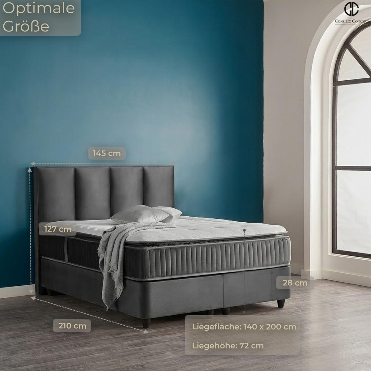 BOXSPRINGBETT MIT BETTKASTEN NAPOLI 140/200 cm, Schwarz, Bettkasten, Matratze, Topper integriert, H3 mittel - Schwarz/Braun, Holz/Kunststoff (140/200cm) - Consilio Concept
