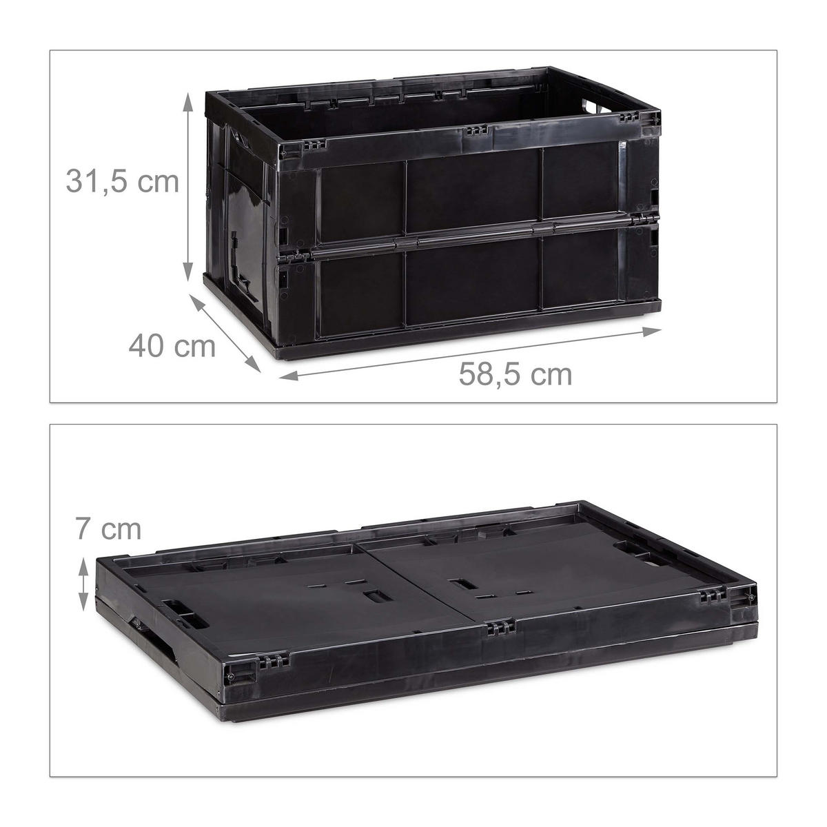 KLAPPBOX Schwarz stabil faltbar Polypropylen 60 l - Schwarz, Kunststoff (58.5/31.5/40cm) - Relaxdays