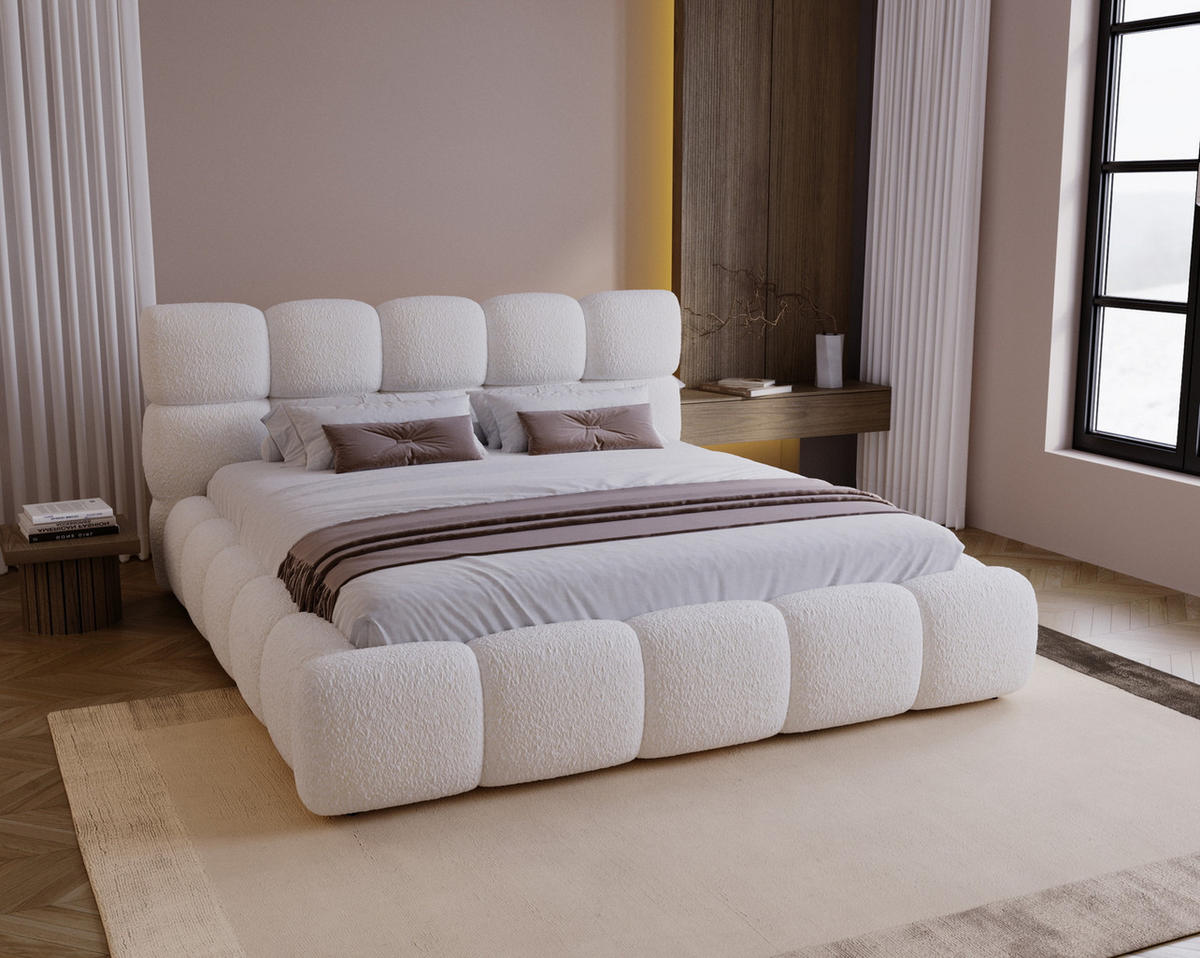 DOPPELBETT 200x200 Lucca mit Bettkasten, Stoff Bouclé, Creme - Creme, Holz/Textil (200/200cm) - Emporius