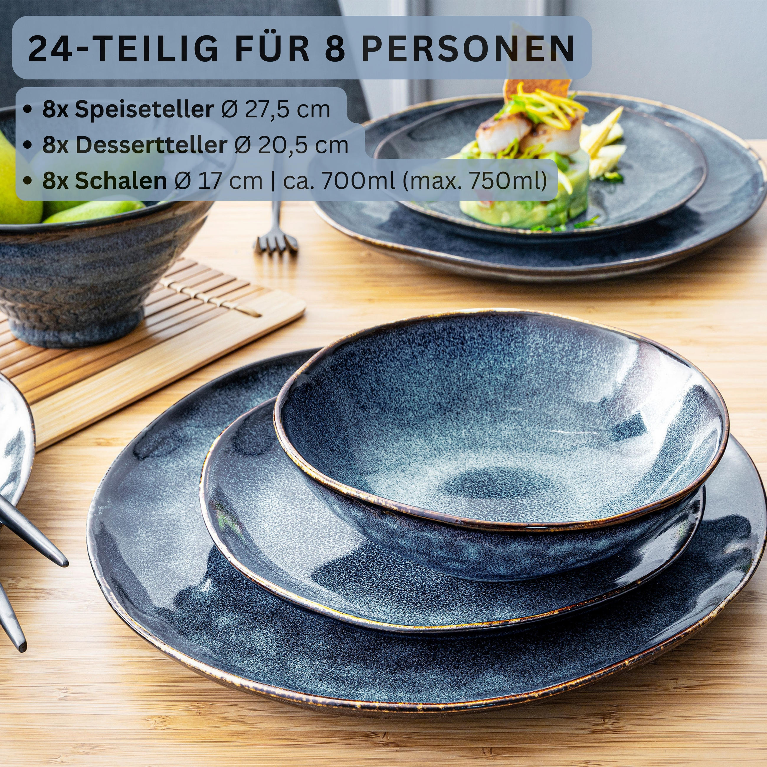 SÄNGER Steingut Geschirrset Tokio, Tafelservice 24 teilig für 8 Personen - Schwarz, Stein (27/5/27cm) - Sänger