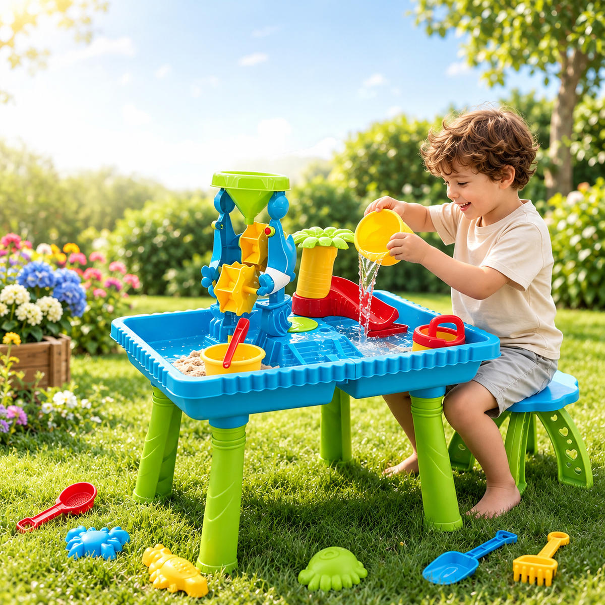 STŮL Vícebarevný vodní herní se stoličkou 37dílné příslušenství - modrá, plast (57/37cm) - Relaxdays