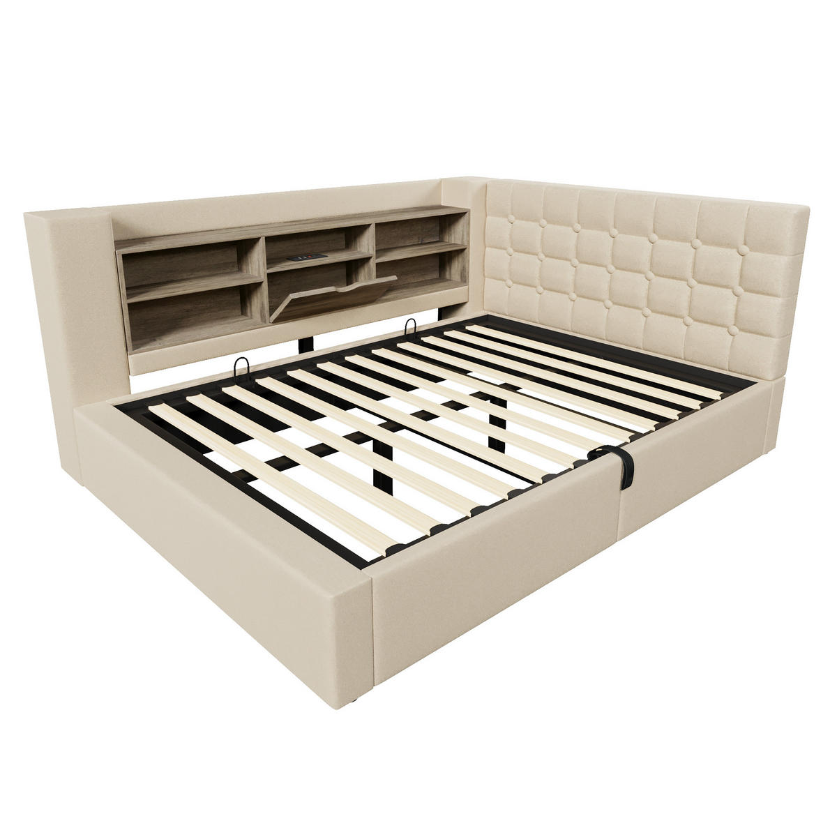 STAURAUMBETT 140/190 cm DE-00620, in Beige, LED-Beleuchtung und USB-Anschluss - Beige, Metall (140/190cm) - ComfortXL