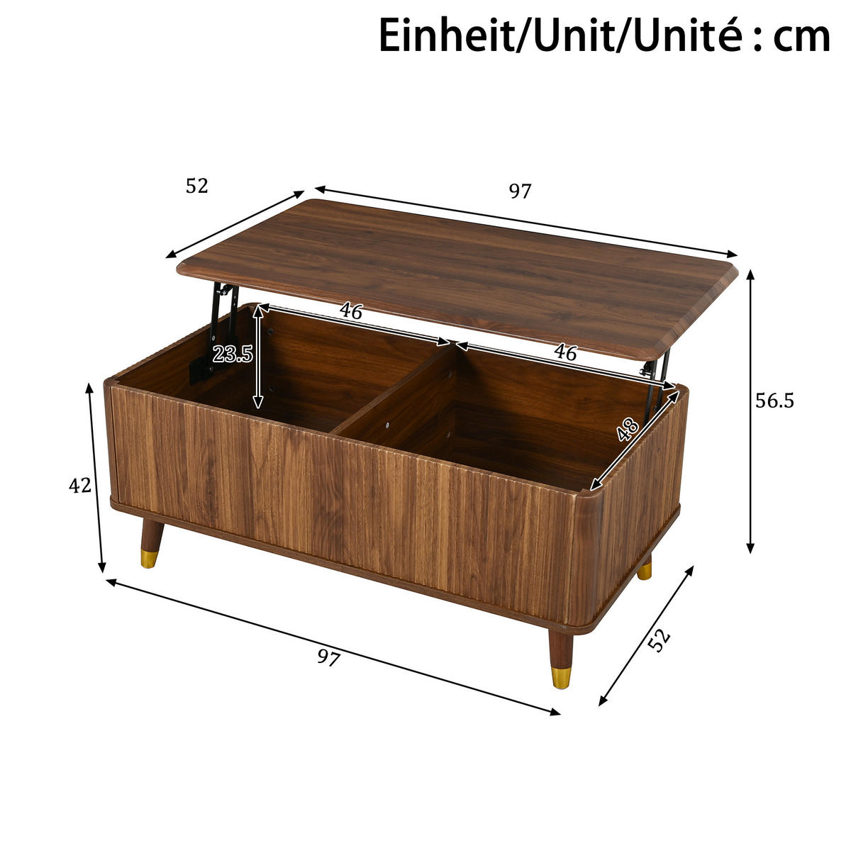 COUCHTISCH aus MDF 97x52x56,5 cm in Walnuss mit höhenverstellbarer Tischplatte - Walnussfarben, Holzwerkstoff (97/52/56.5cm) - Modfu