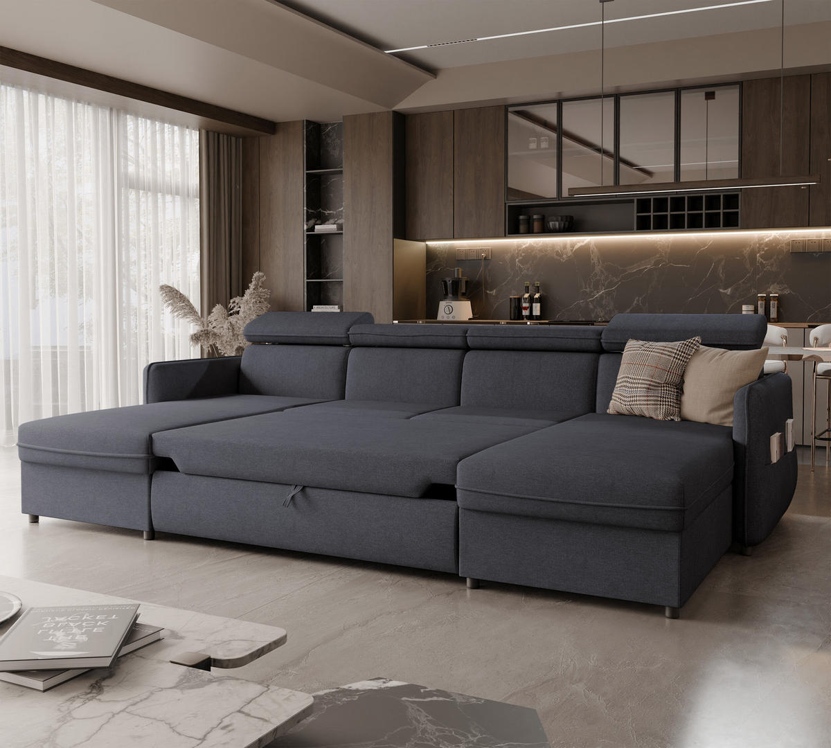 WOHNLANDSCHAFT U-Form Beni mit Schlaffunktion, Stoff Soro 97 Graphit - Dunkelgrau, Holzwerkstoff (286/60/166cm) - Idohome