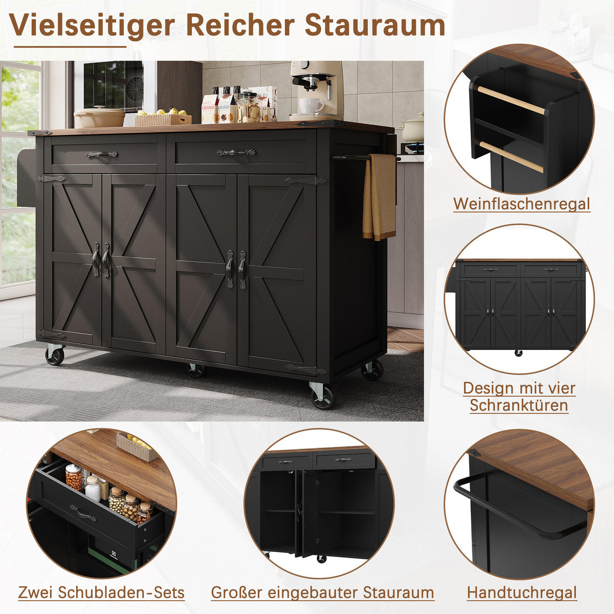 KÜCHENINSEL 140x73x93cm Schwarz mit Klapptisch & Rädern - Schwarz, Holzwerkstoff (140/93/73cm) - Modfu