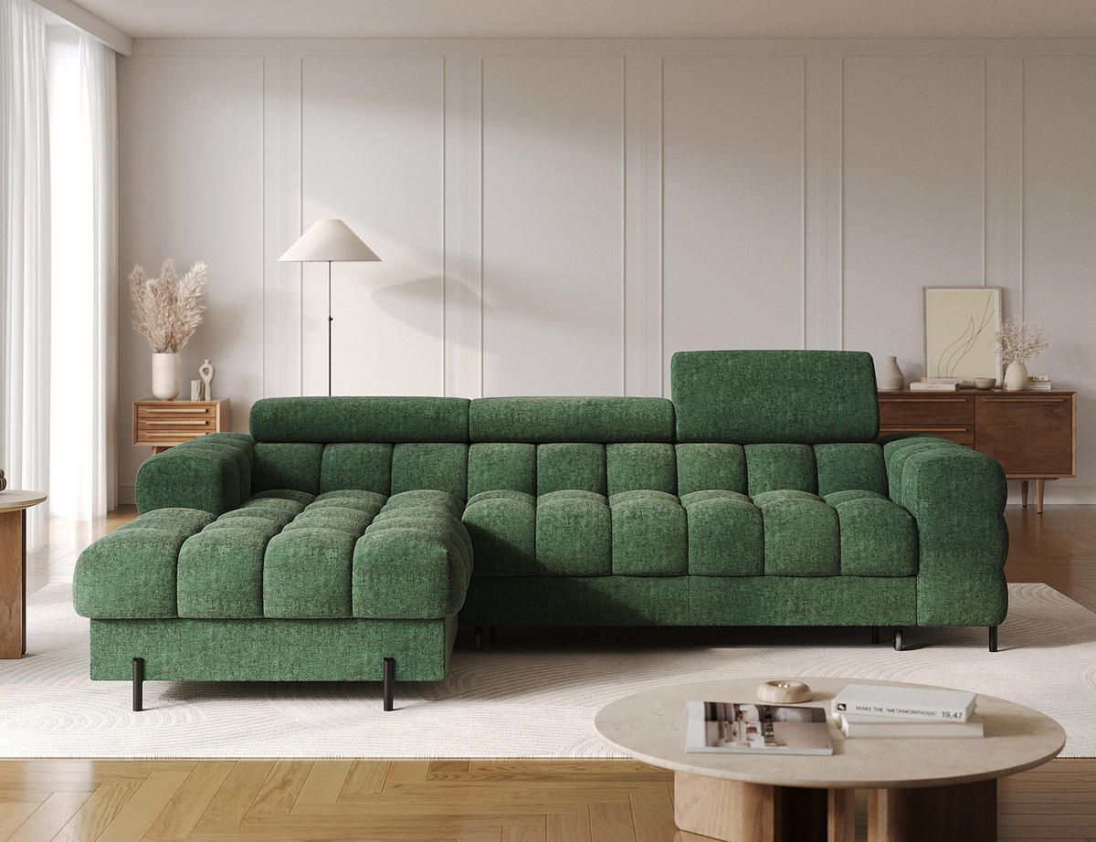 ECKSOFA FELRO mit Schlaffunktion, Bettkasten & verstellbaren Kopfstützen – Modernes Premium-Ecksofa in L-Form - Grün, Kunststoff (285/181cm) - Wohnideebilder