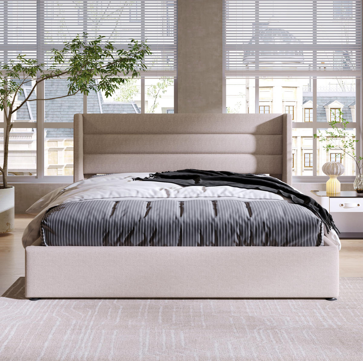 POLSTERBETT mit Bettkasten 160x200 cm Leinen Beige - Beige, Metall (160/200cm) - Meubliv