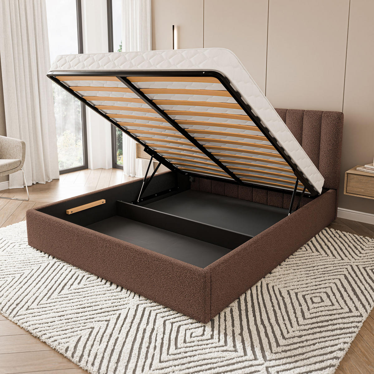 POLSTERBETT DEMERA Q 180x200 cm mit Bettkästen - Braun - Braun, Holz (180/200cm) - MASSENO