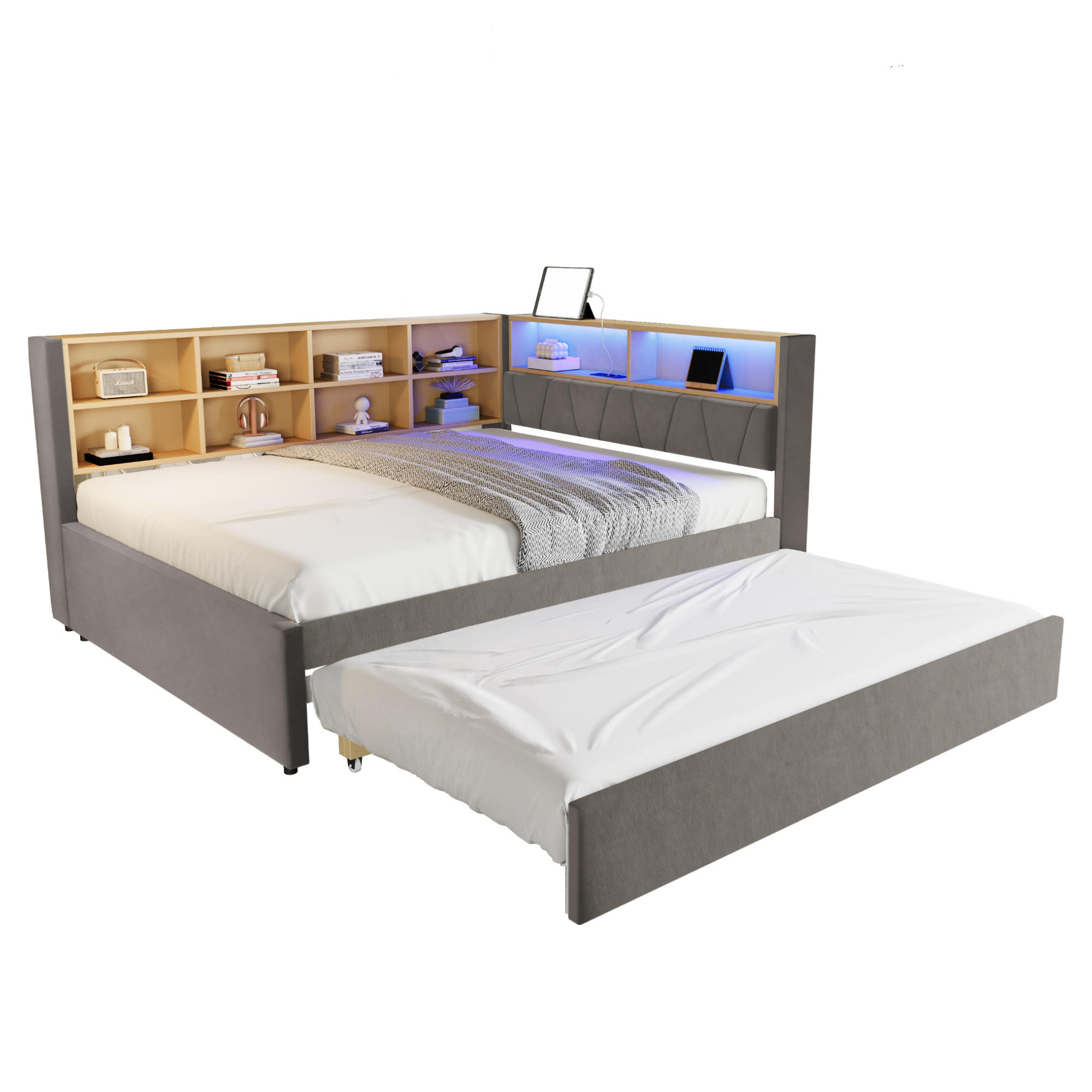 BETT mit Ausziehbett 140/200 cm und LED-Beleuchtung Dunkelgrau Flanell - Dunkelgrau, Textil (140/200cm) - OKWISH
