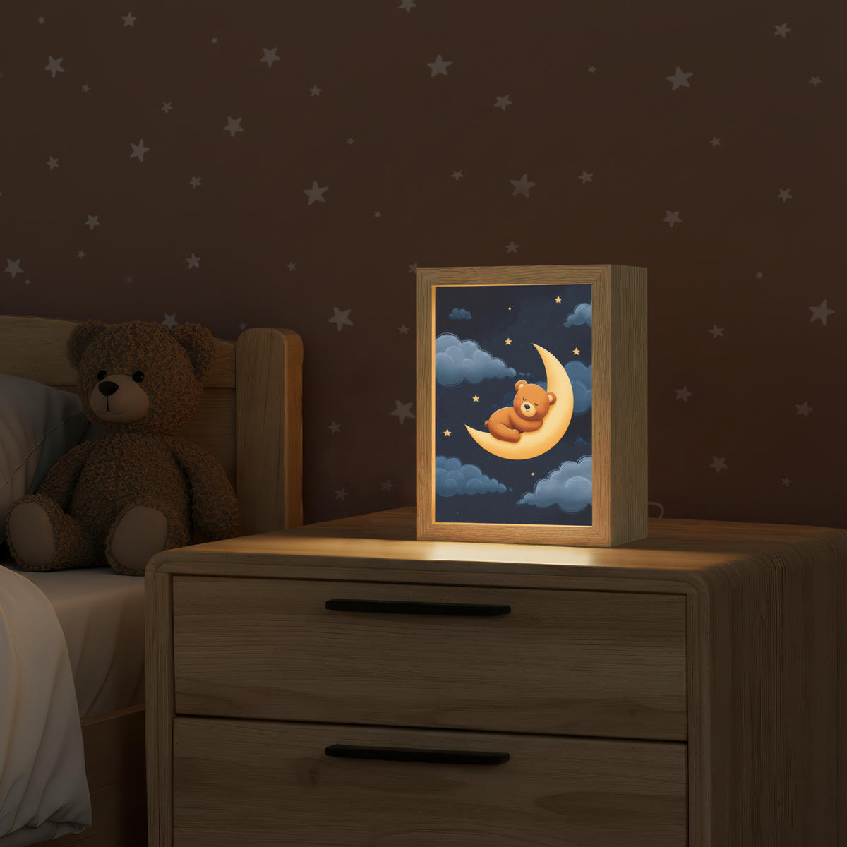 NACHTTISCHLAMPE Teddybär - Mond - Wolken - Sterne 15x20 cm - Dunkelblau, Holzwerkstoff (8/15/20cm)