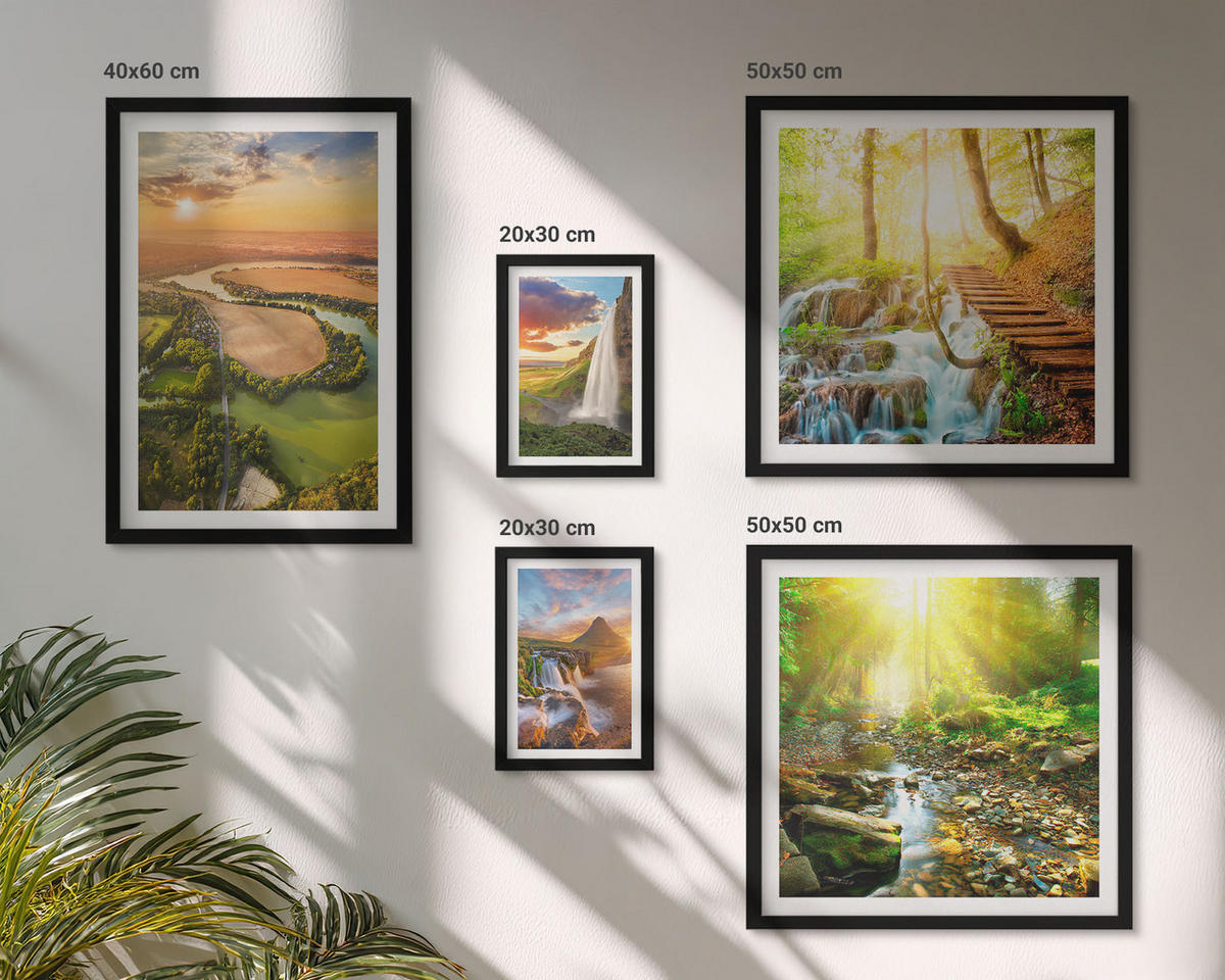 WANDBILDER 5er-Set - 50x50 cm & 20x30 cm & 40x60 cm Schwarzer Rahmen - Orange Mountain Wasserfall - Schwarz, Kunststoff (40/60cm) - ArtPrintCave