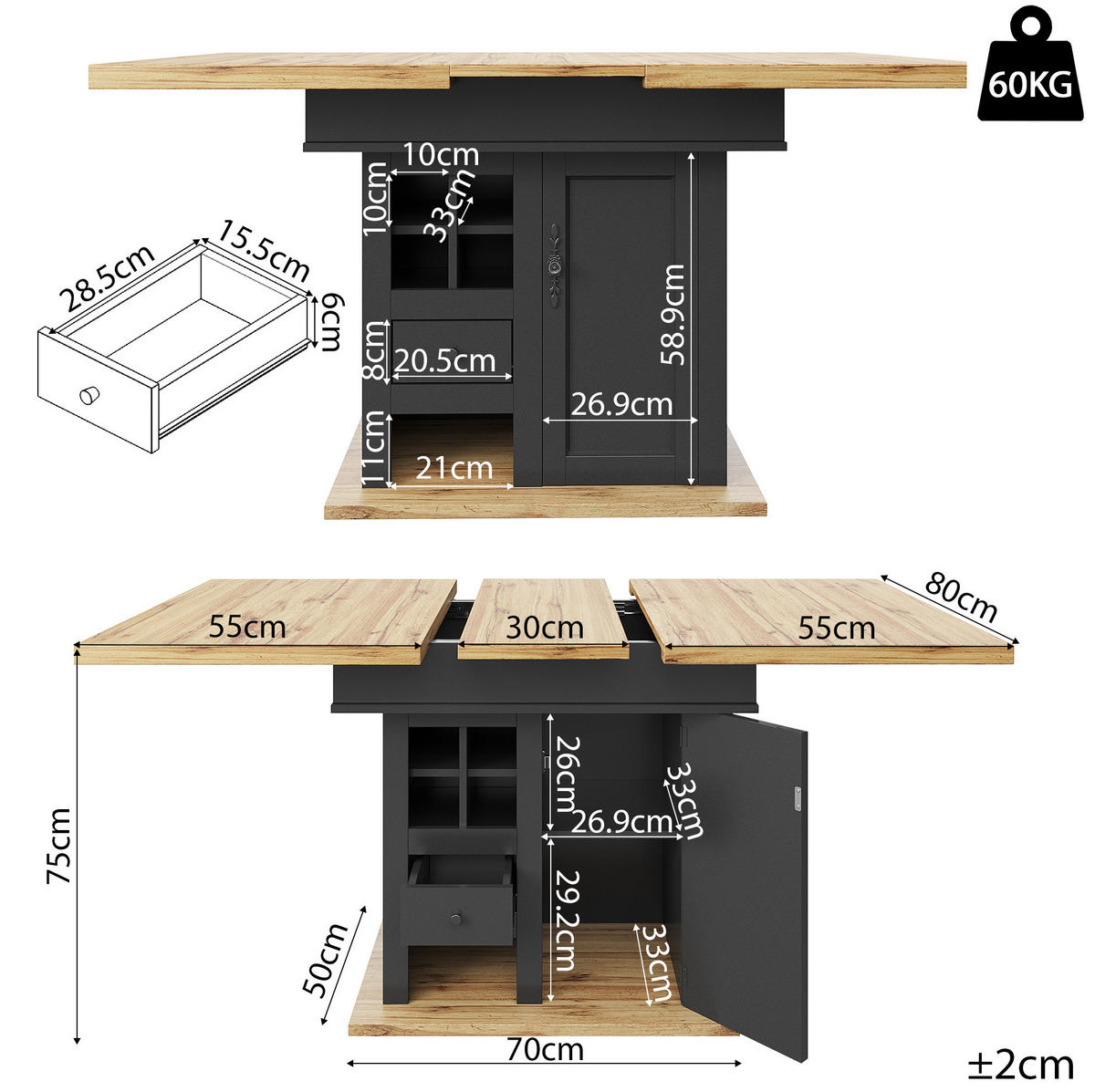 AUSZIEHBARER Esstisch aus MDF mit Stauraum, 110-140/80/75 cm, Schwarz/Natur - Schwarz, Holzwerkstoff (110/80/75cm) - Redom