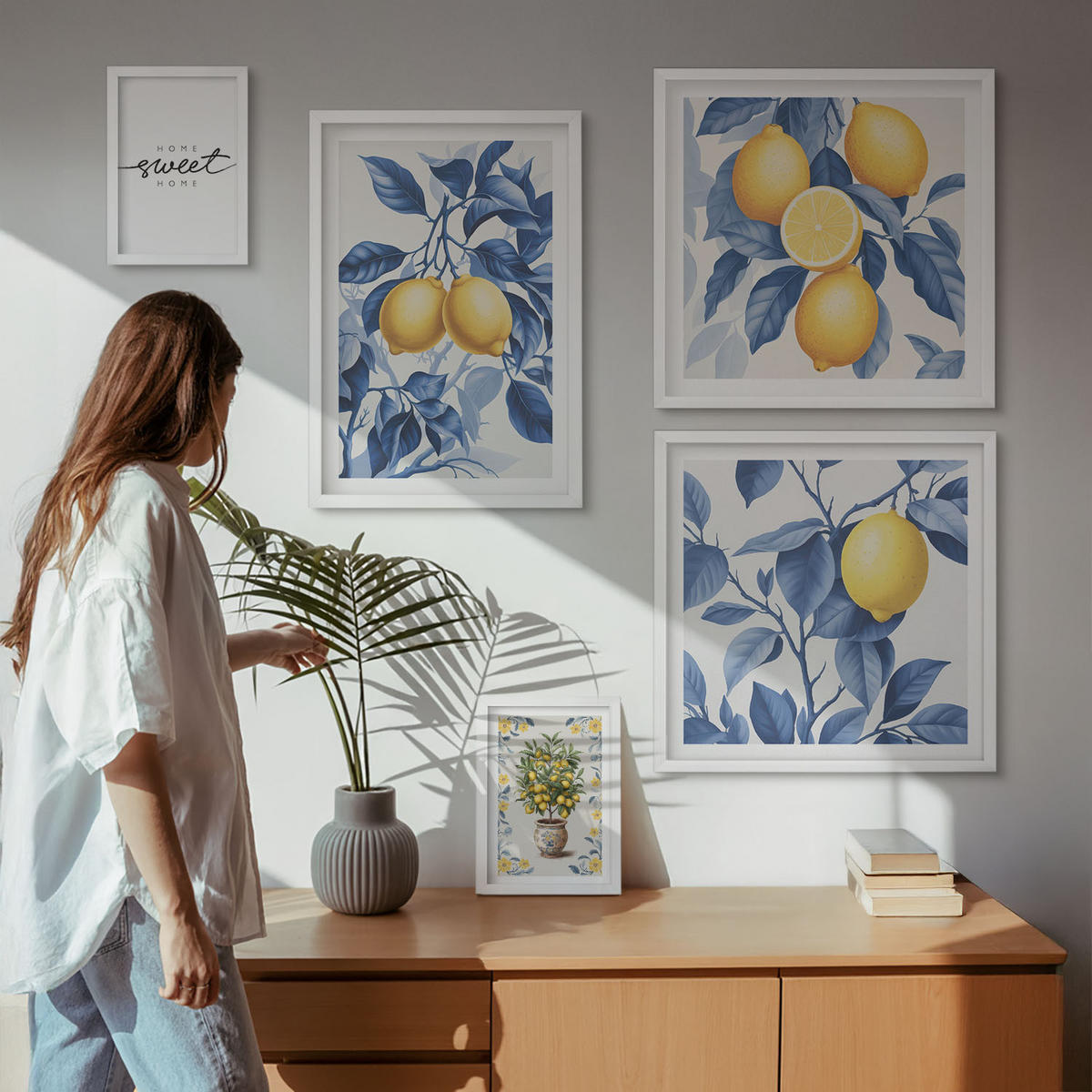 WANDBILDER 5er-Set - 50x50 cm & 20x30 cm & 40x60 cm Weißer Rahmen - Zitronenzweige mit blauen Blättern - Weiß, Kunststoff (40/60cm) - ArtPrintCave