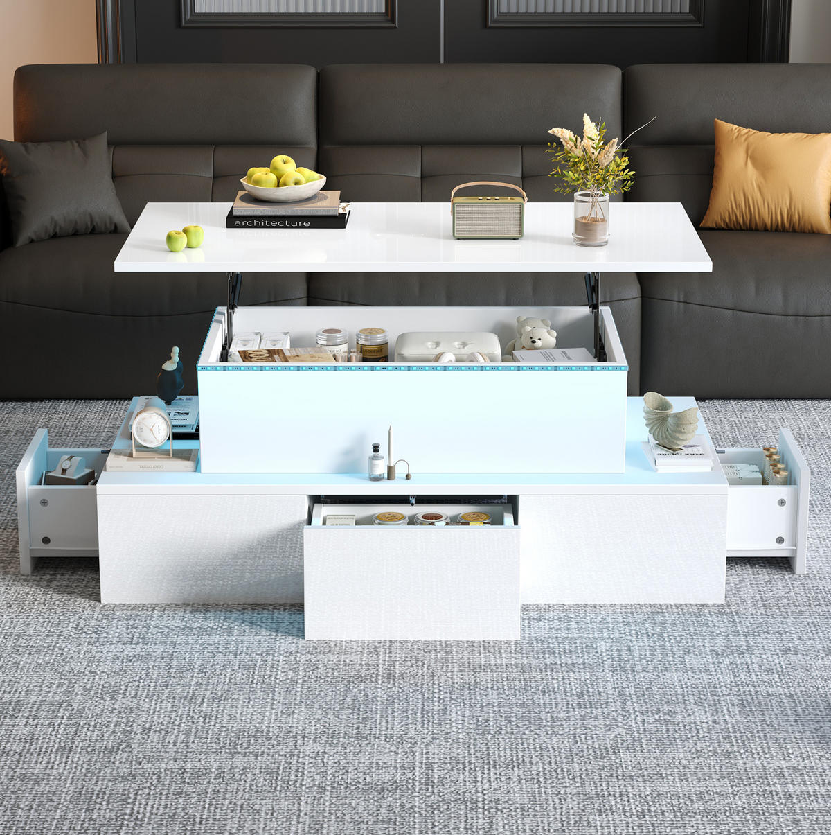 COUCHTISCH mit Liftfunktion 100 x 50 cm MDF Hochglanz Weiß - Weiß, Wellpappe (100/50/40cm) - Meubliv