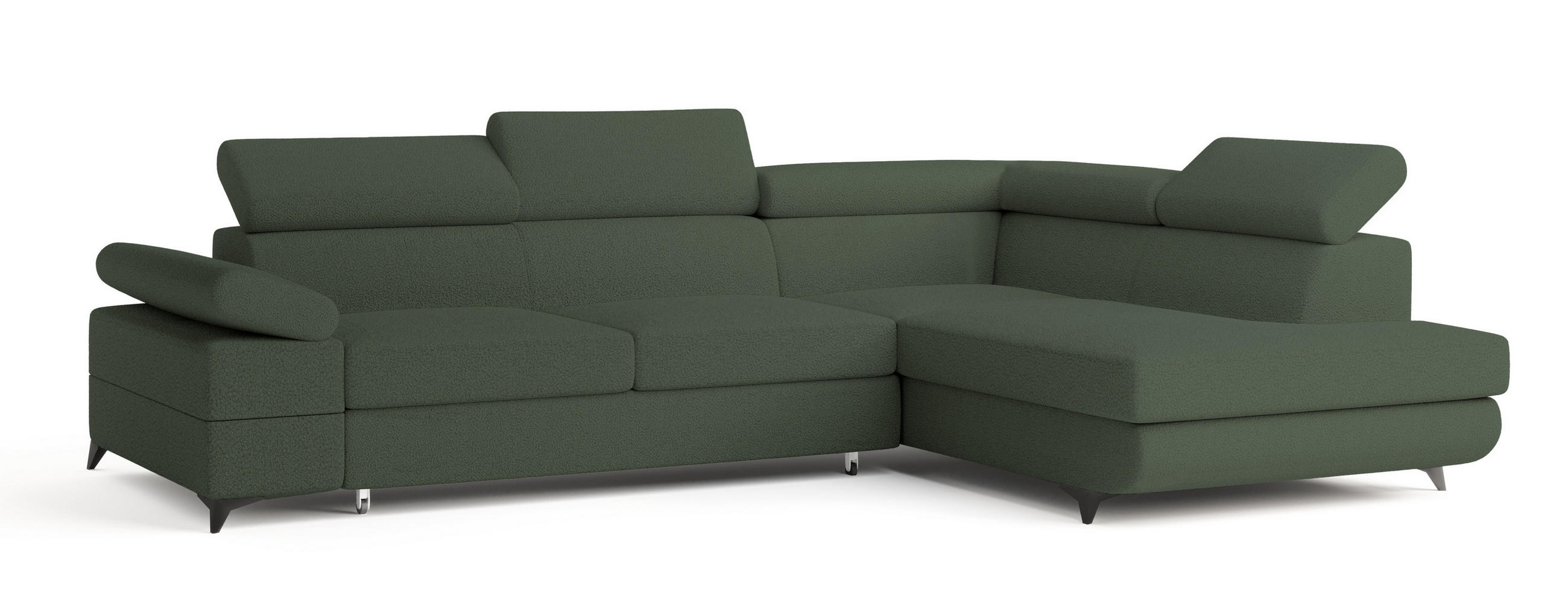 ECKSOFA FAVIEN R-S Grün Boucle-Stoff mit Schlaffunktion - Grün, Holz (257/190cm) - MASSENO