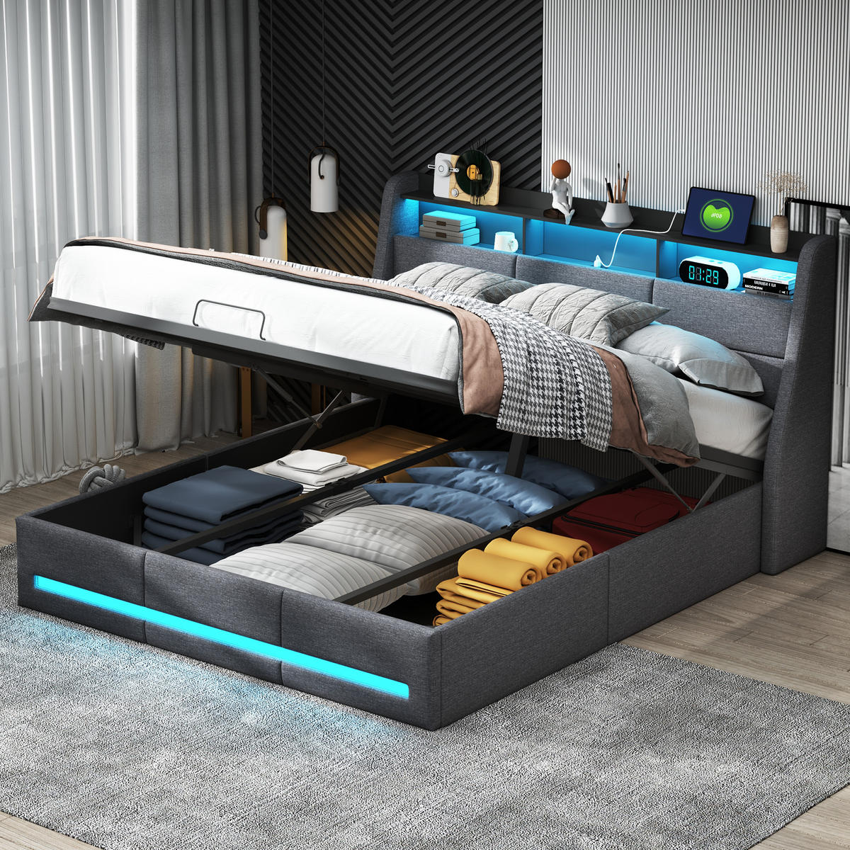 POLSTERBETT 140x190 cm mit Stauraum, LED-Kopfteil, USB & Lattenrost, grau - Grau, Holz (140/190cm)