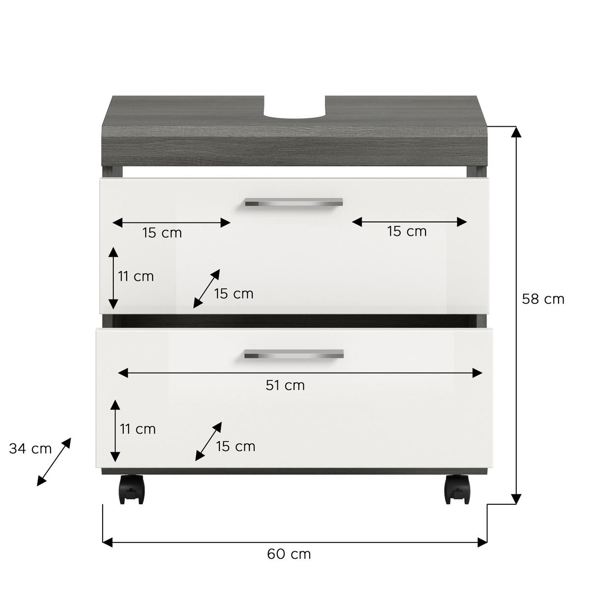 WASCHBECKENUNTERSCHRANK auf Rollen SCOUT (B/H/T: ca. 60/60/34 cm) in Rauchsilber Nachbildung/weiß hochglanz - Silberfarben, Holzwerkstoff (60/60/34cm)