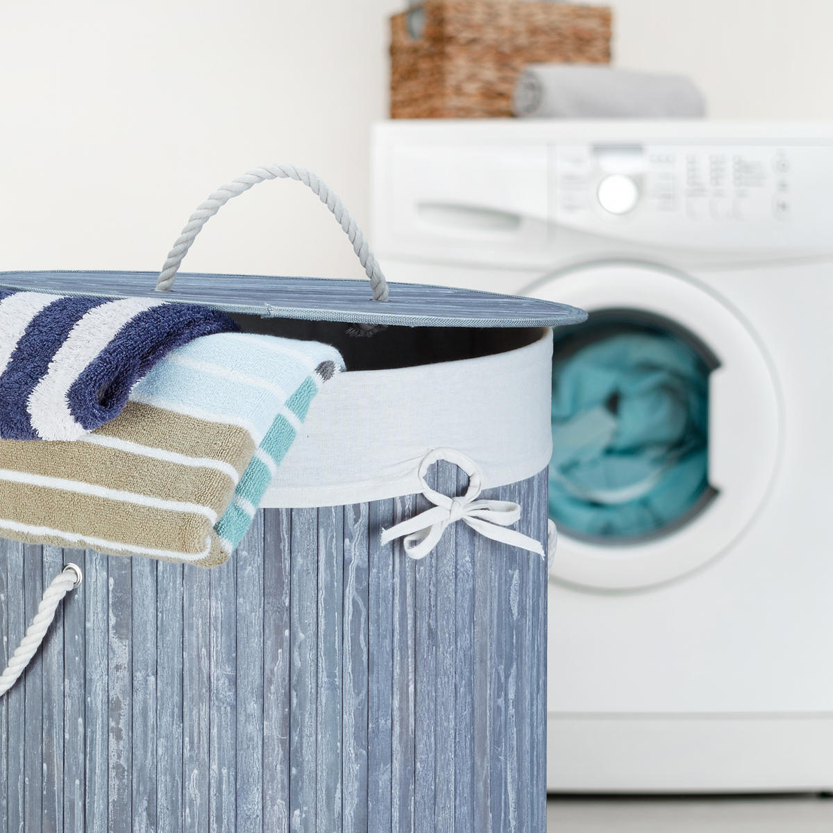 WÄSCHEKORB - Weiß, Holz/Textil (41/65/41cm) - Relaxdays