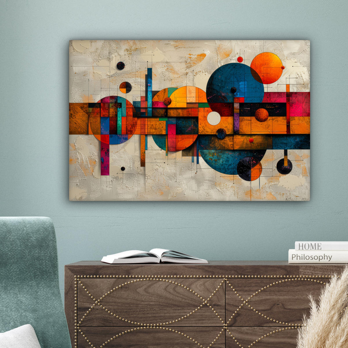 LEINWANDBILD - Vintage - Moderne Kunst - Orange - Geometrische Formen - 60x40 - Wanddeko Schlafzimmer - Multicolor, Textil (60/40cm) - MuchoWow