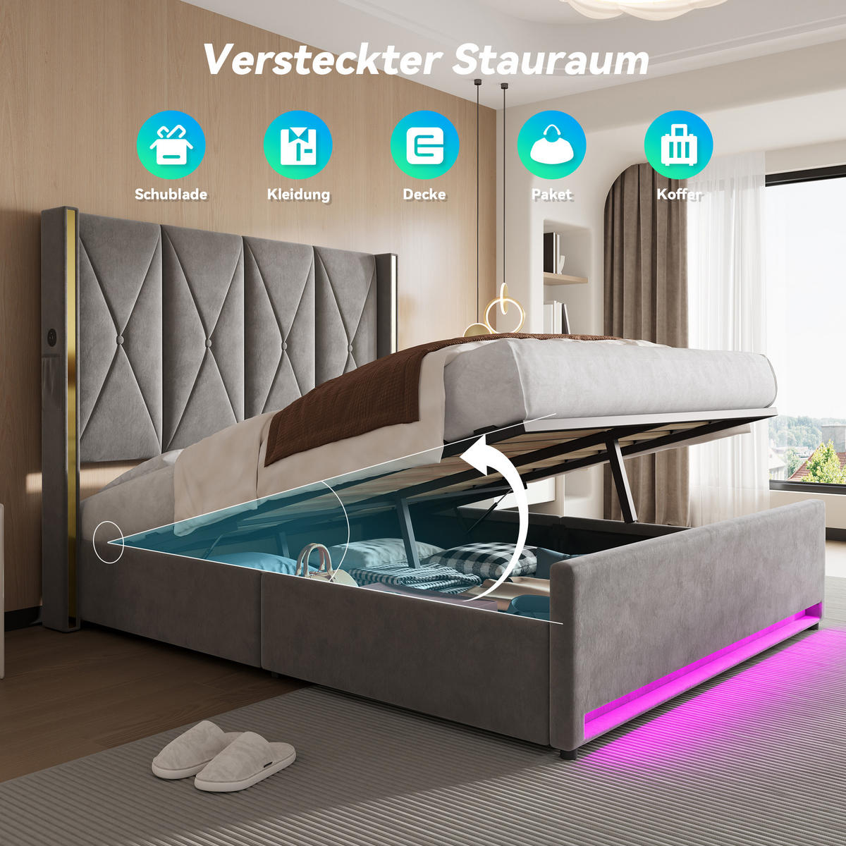 POLSTERBETT 160/200 cm in Dunkelgrau Samt mit Bettkasten, USB, LED und Seitentaschen - Dunkelgrau, Holzwerkstoff/Textil (160/200cm) - WISHDOR