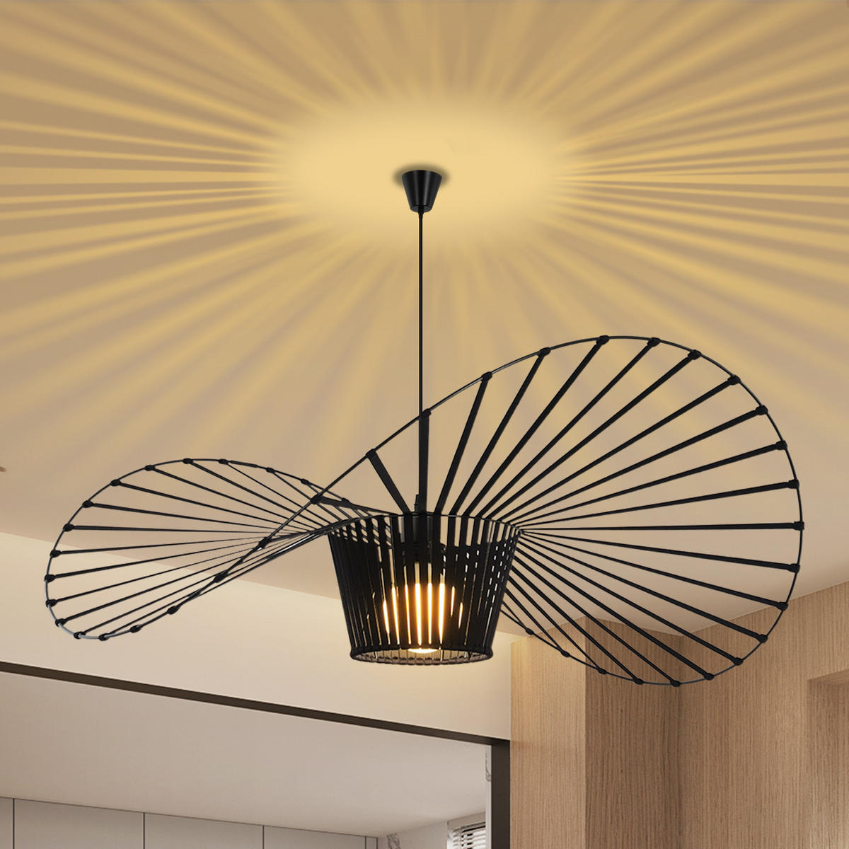 HÄNGELEUCHTE Strohhut 140/140/150 cm - Schwarz, Metall (140/140/150cm) - Nettlife