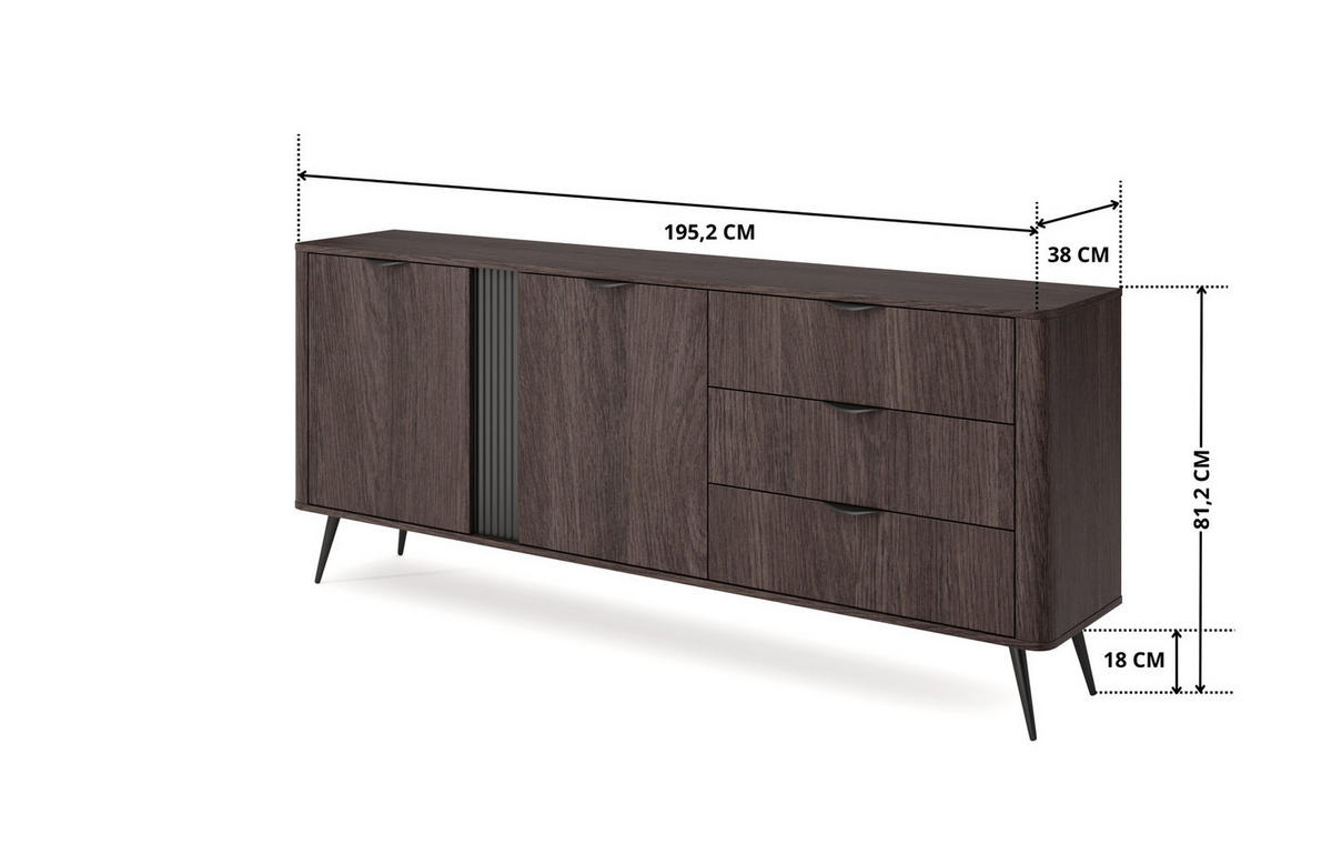 SIDEBOARD Terzo 2D 3S Eiche Dunin mit Rillendekor - Schwarz Metallfüße - Eichefarben/Schwarz, Holz/Holzwerkstoff (195/81/38cm) - Ravio