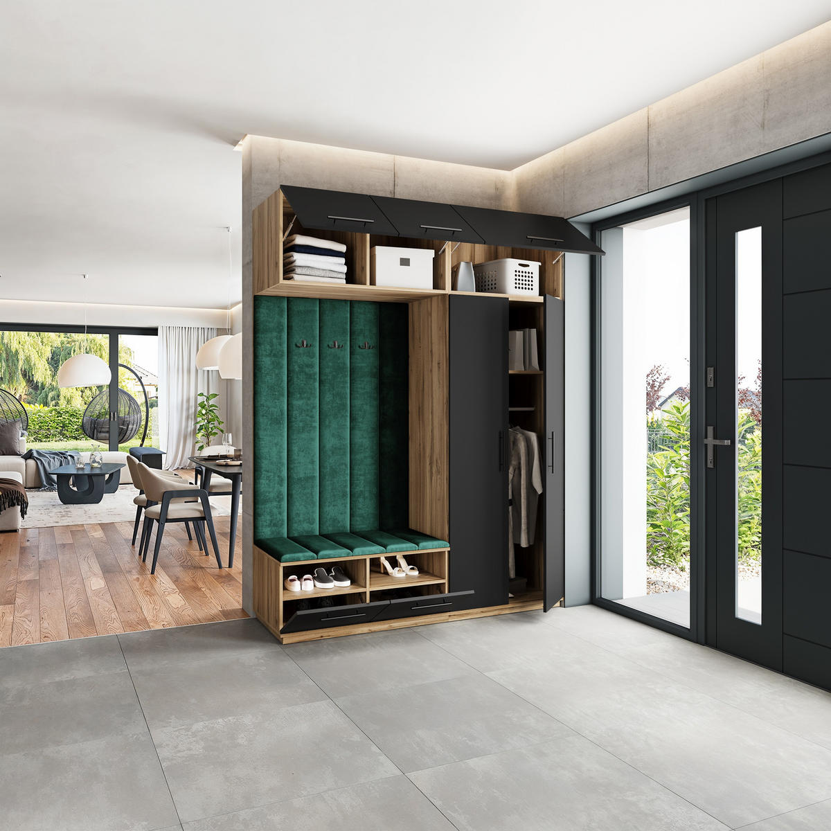 GARDEROBENSCHRANK REMA 180/240/60 cm Modern Garderobe-Set Eiche Wotan - Eiche Wotan/Schwarz, Holzwerkstoff (180/240/60cm) - MASSENO